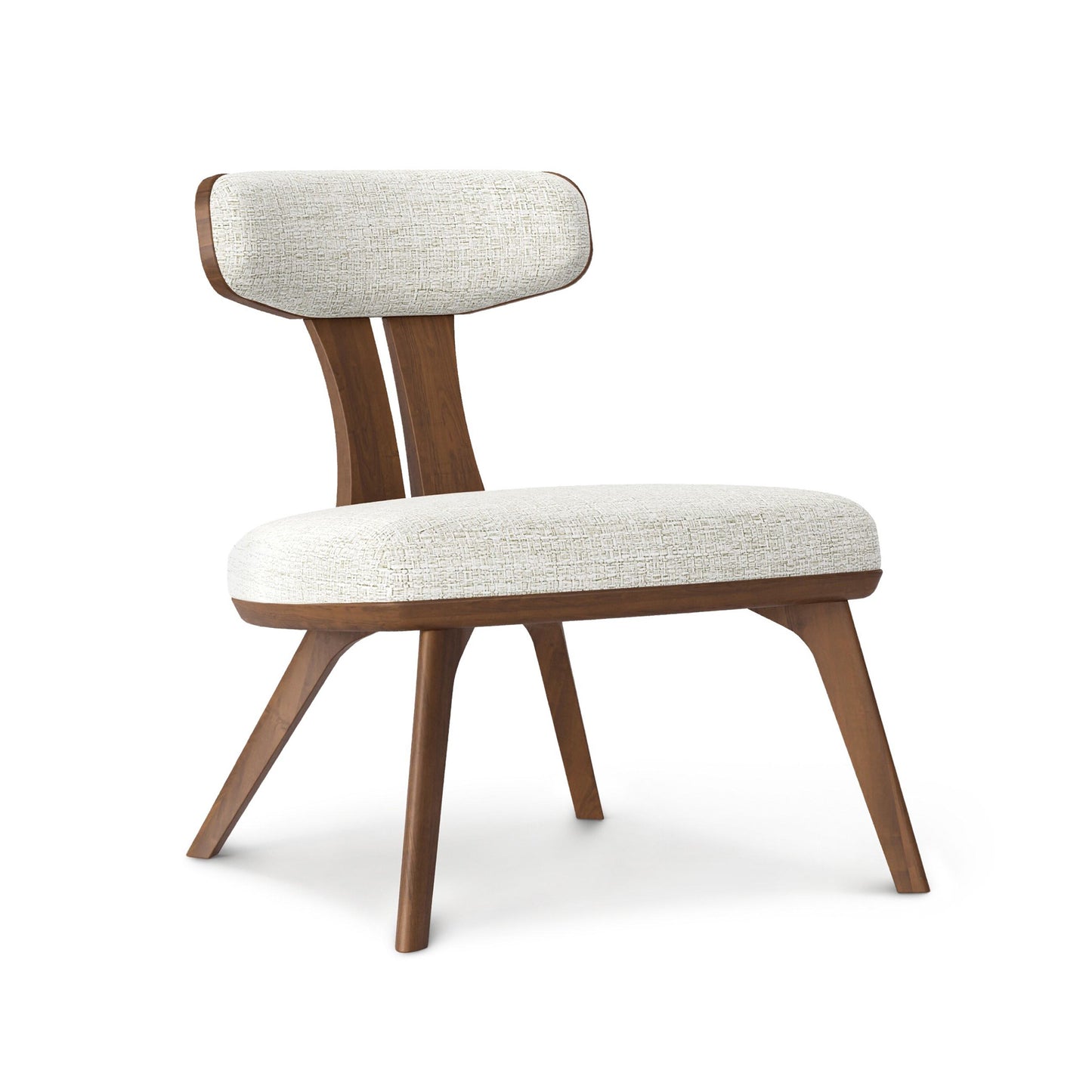 Estelle Walnut Lounge Chair by Copeland Furniture featuring a white cushioned backrest and seat, angled legs, and mid-century modern design.