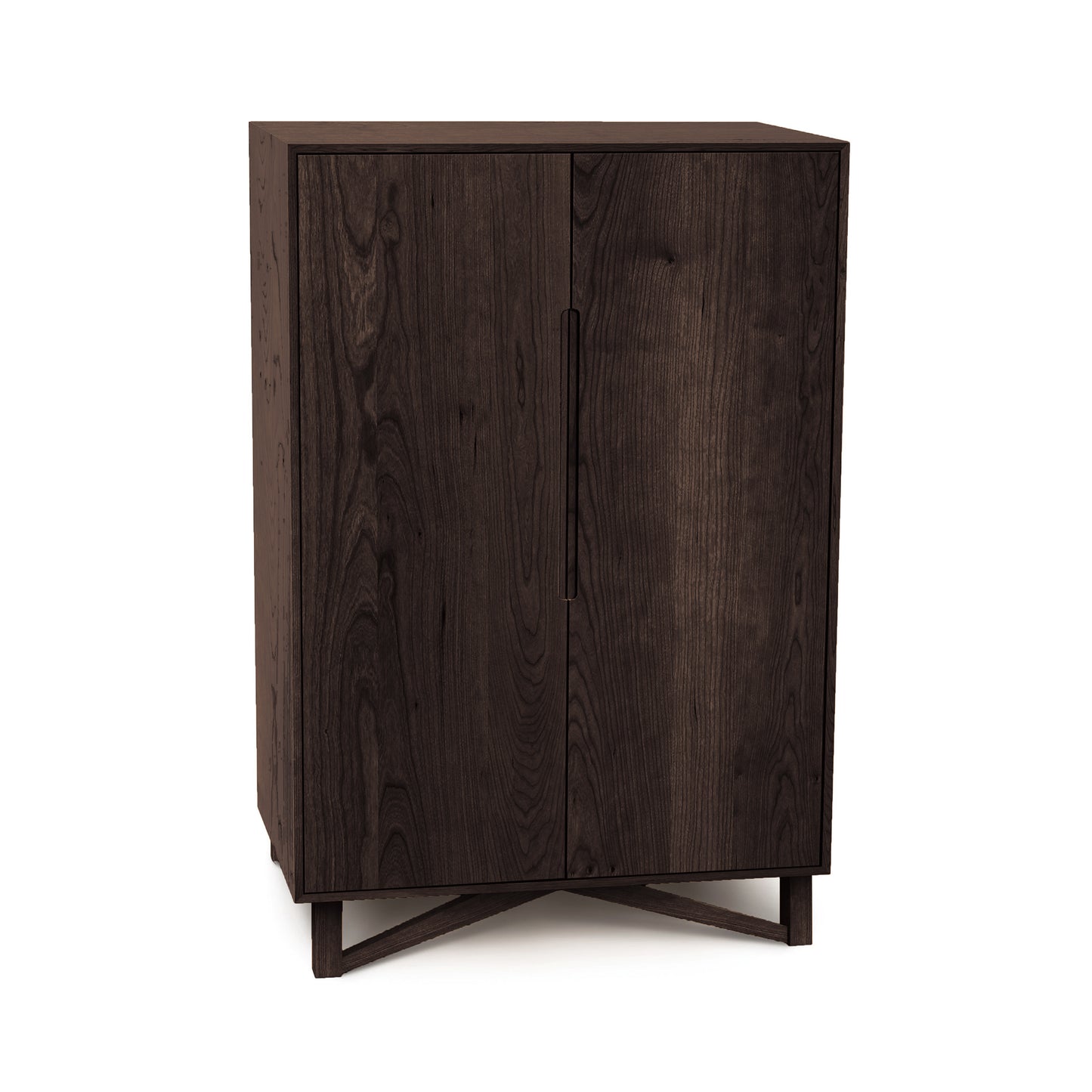 Exeter Bar Cabinet by Copeland Furniture with two doors, sleek handles, and sturdy base in mid-century modern design, crafted from high quality wood.