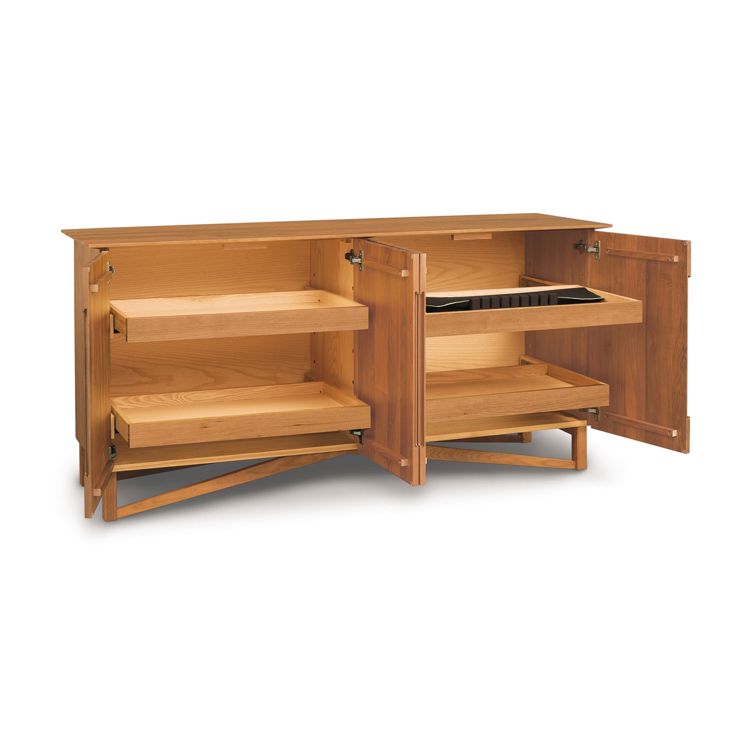 Exeter Buffet solid natural hardwood storage cabinet with doors open, revealing shelves and pull-out drawers from the Copeland Furniture Collection.
