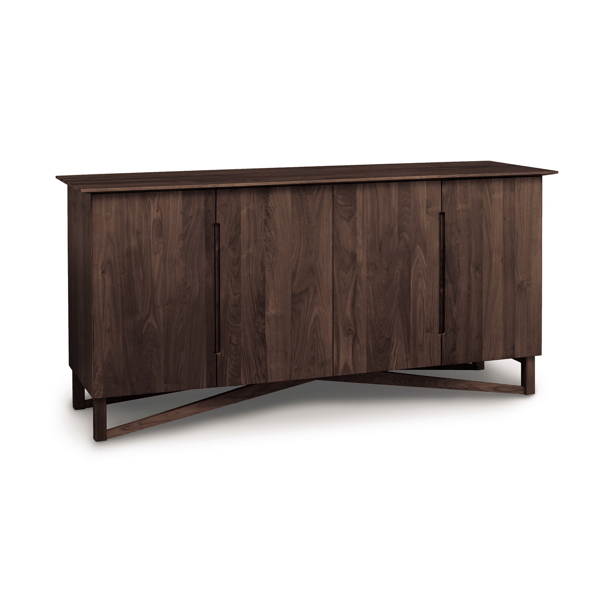 Copeland Furniture Exeter Buffet made of solid hardwood with a dark brown finish, clean lines, and minimalist handles.