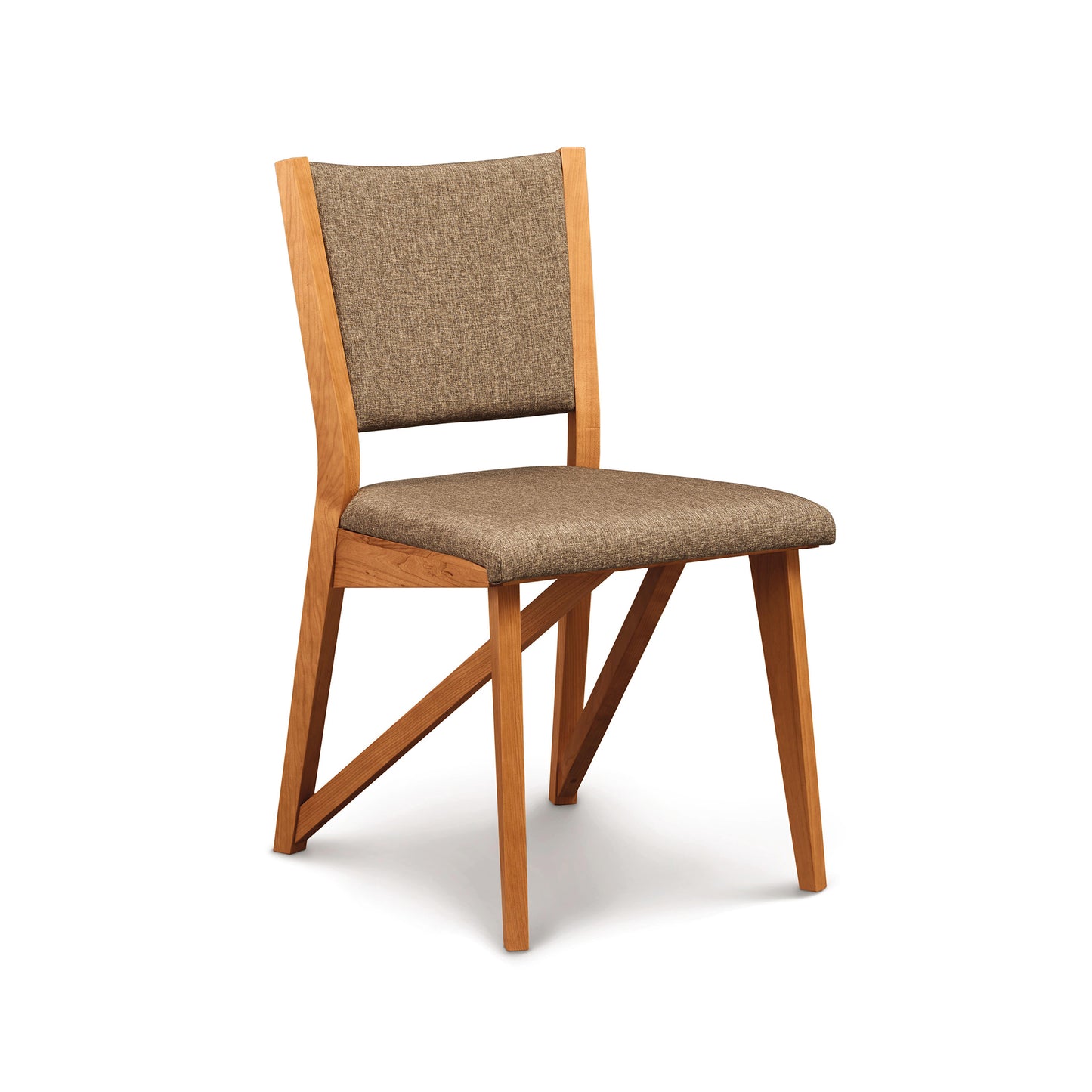 A modern style Exeter Chair from the Copeland Furniture Collection with a tan upholstered seat and backrest, isolated on a white background.