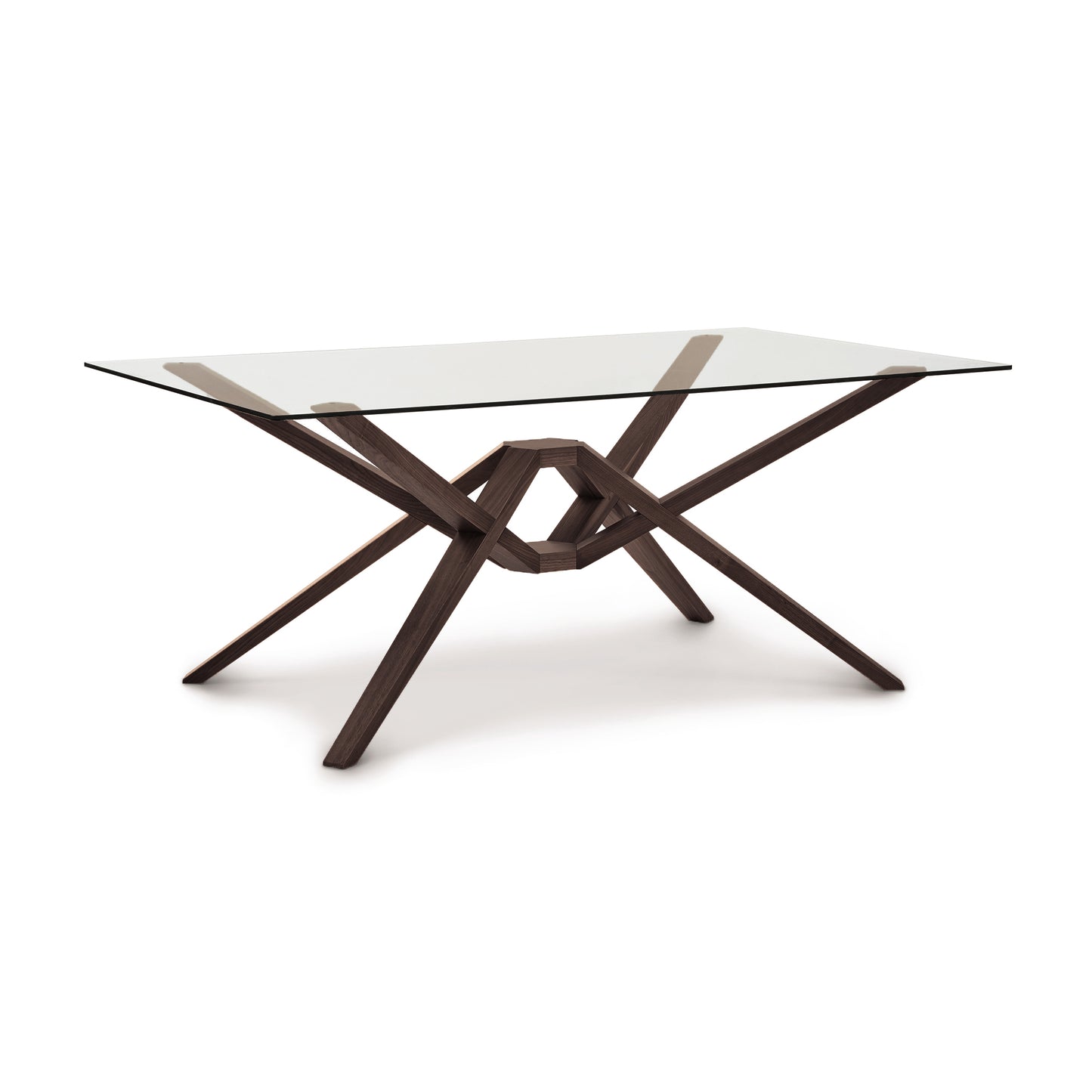Copeland Furniture Exeter Rectangular Glass Top Table with intersecting solid hardwood legs and sleek modern lines.