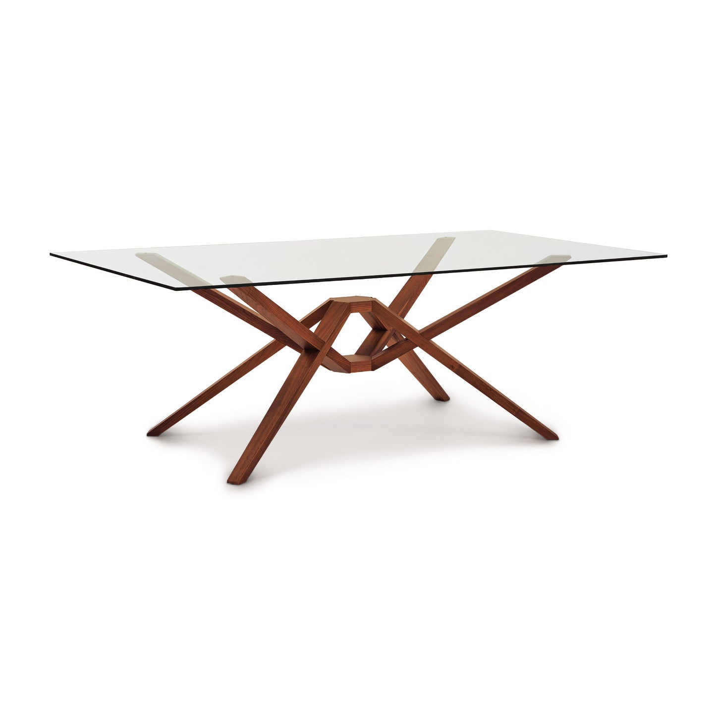 Exeter Rectangular Glass Top Table by Copeland Furniture with distinctive intersecting solid wood legs, highlighting modern craftsmanship.