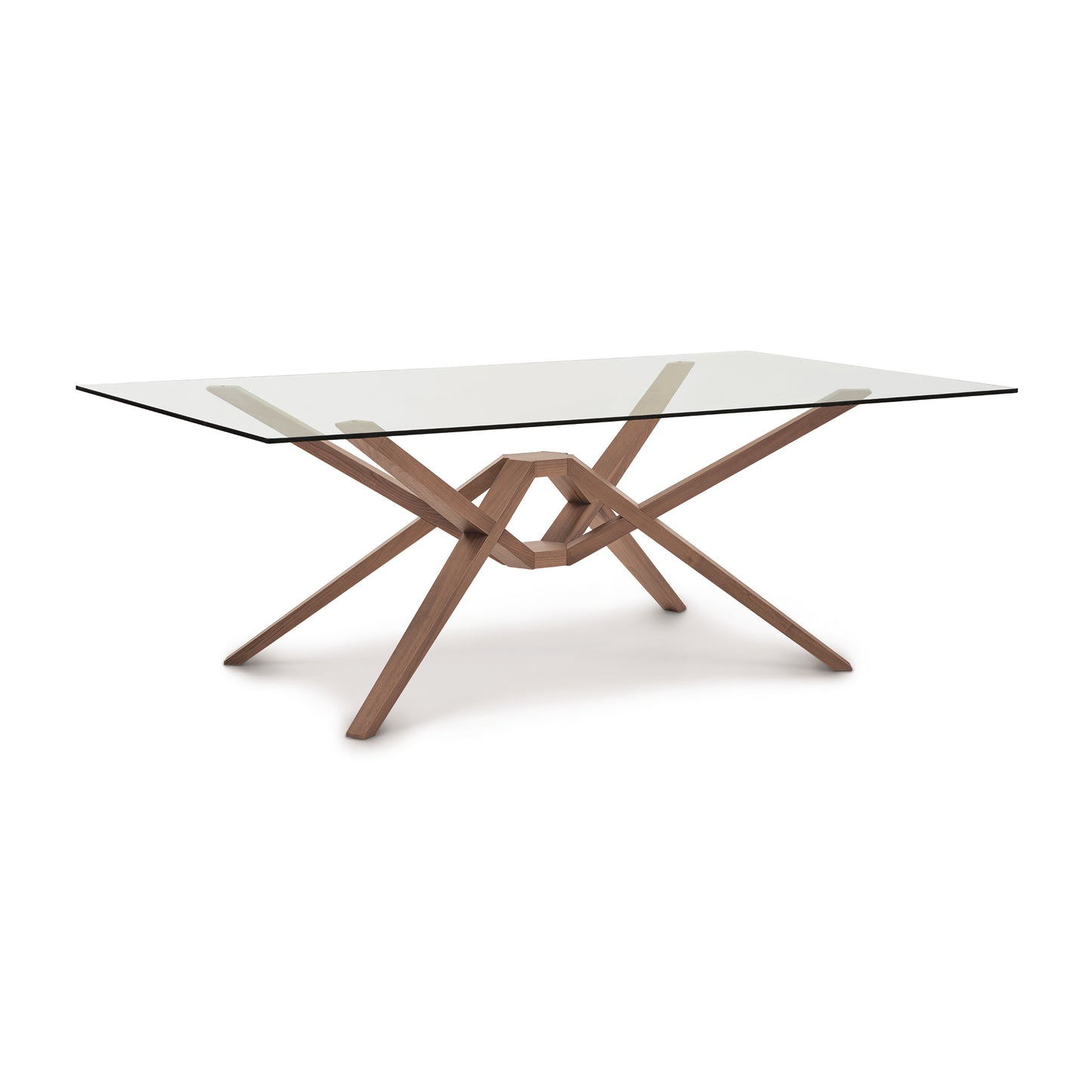 Exeter Rectangular Glass Top Table by Copeland Furniture with intersecting geometric solid wood legs and contemporary design.