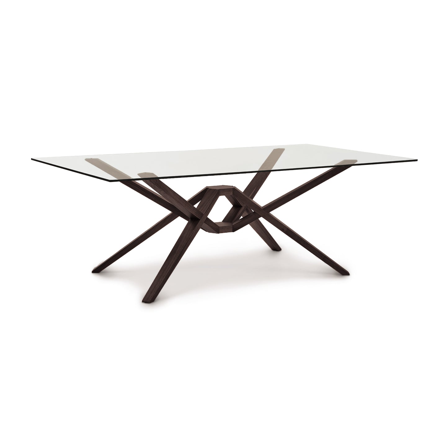 Exeter Rectangular Glass Top Table by Copeland Furniture with a solid wood geometric base and isometric design.