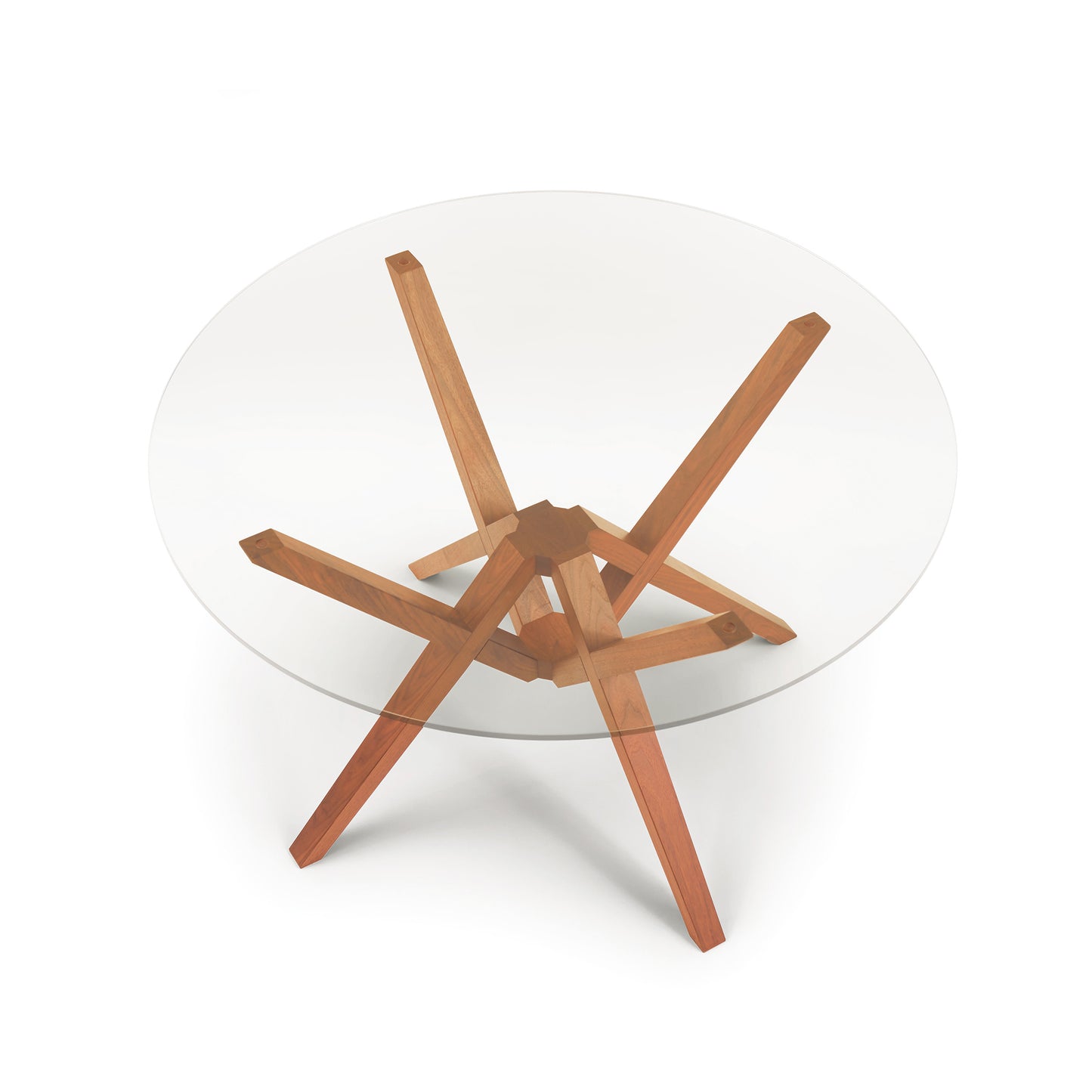 Exeter Round Glass Top Table by Copeland Furniture with geometric hardwood base, viewed from above.