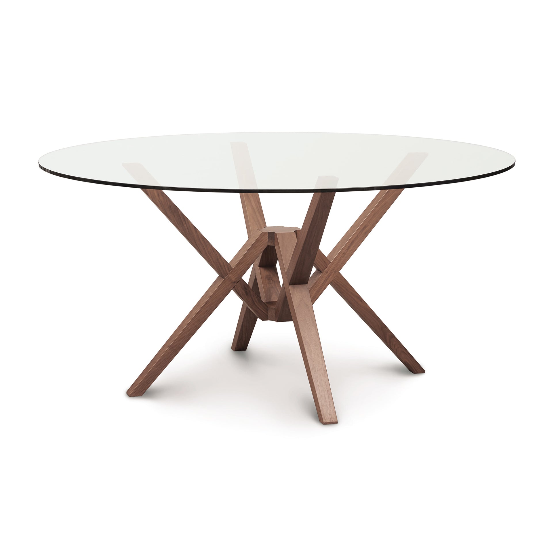 Exeter Round Glass Top Table by Copeland Furniture with distinctive intersecting hardwood legs and modern isometric design.