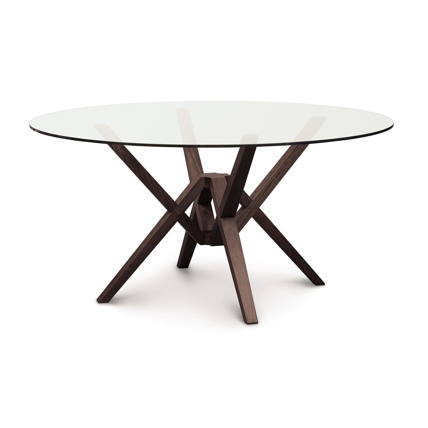 Exeter Round Glass Top Table by Copeland Furniture featuring a sculptural isometric hardwood base and clear round glass tabletop.