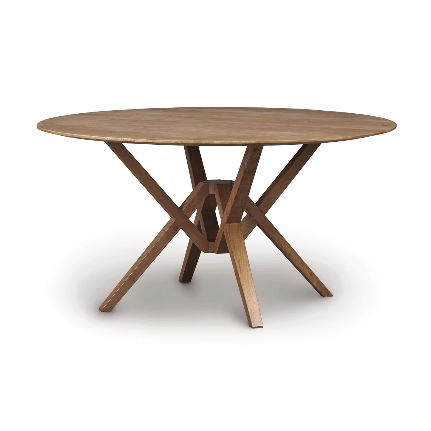 Exeter Round Solid Top Dining Table by Copeland Furniture, showcasing a smooth hardwood surface and distinctive geometric base.