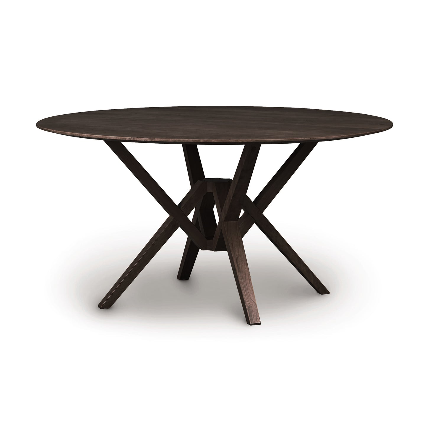 Exeter Round Solid Top Dining Table by Copeland Furniture with intersecting legs, crafted from sustainably sourced dark hardwood.