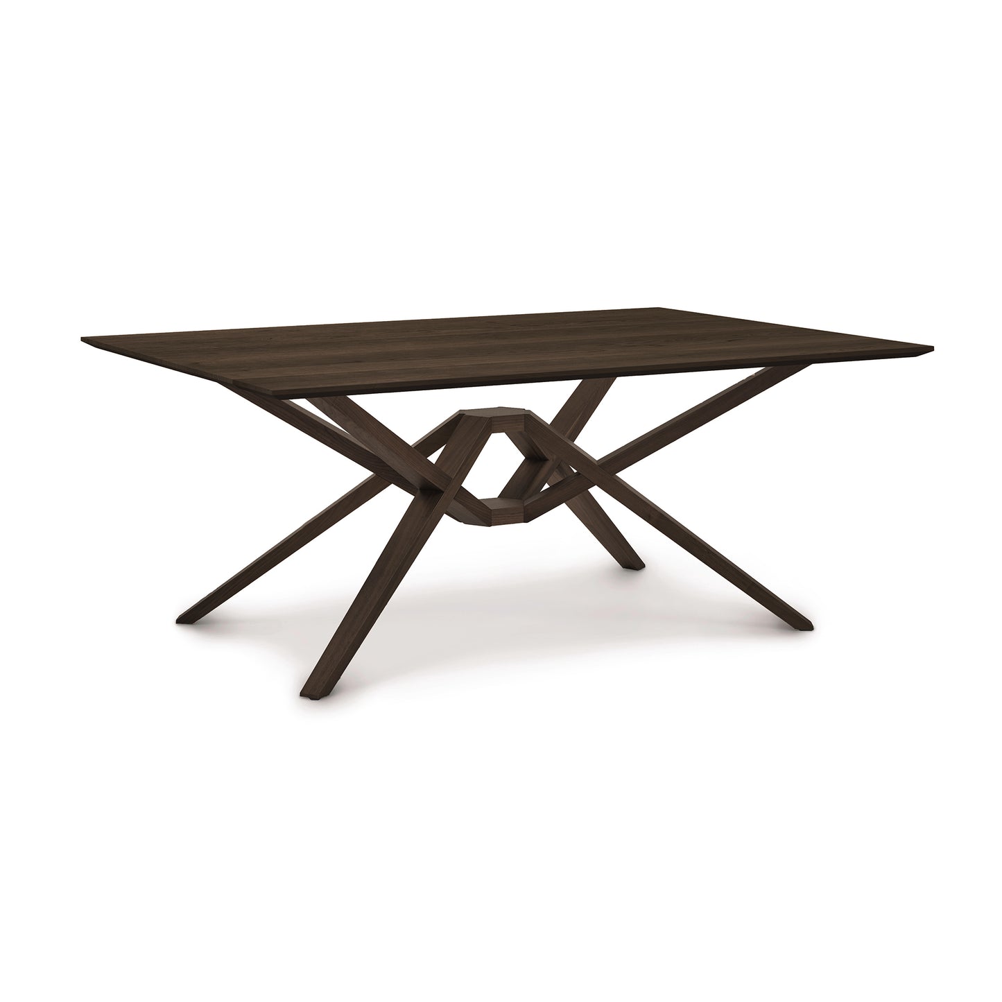 Exeter Solid Top Dining Table by Copeland Furniture featuring a sculptural geometric hardwood base and flawless solid wood craftsmanship.