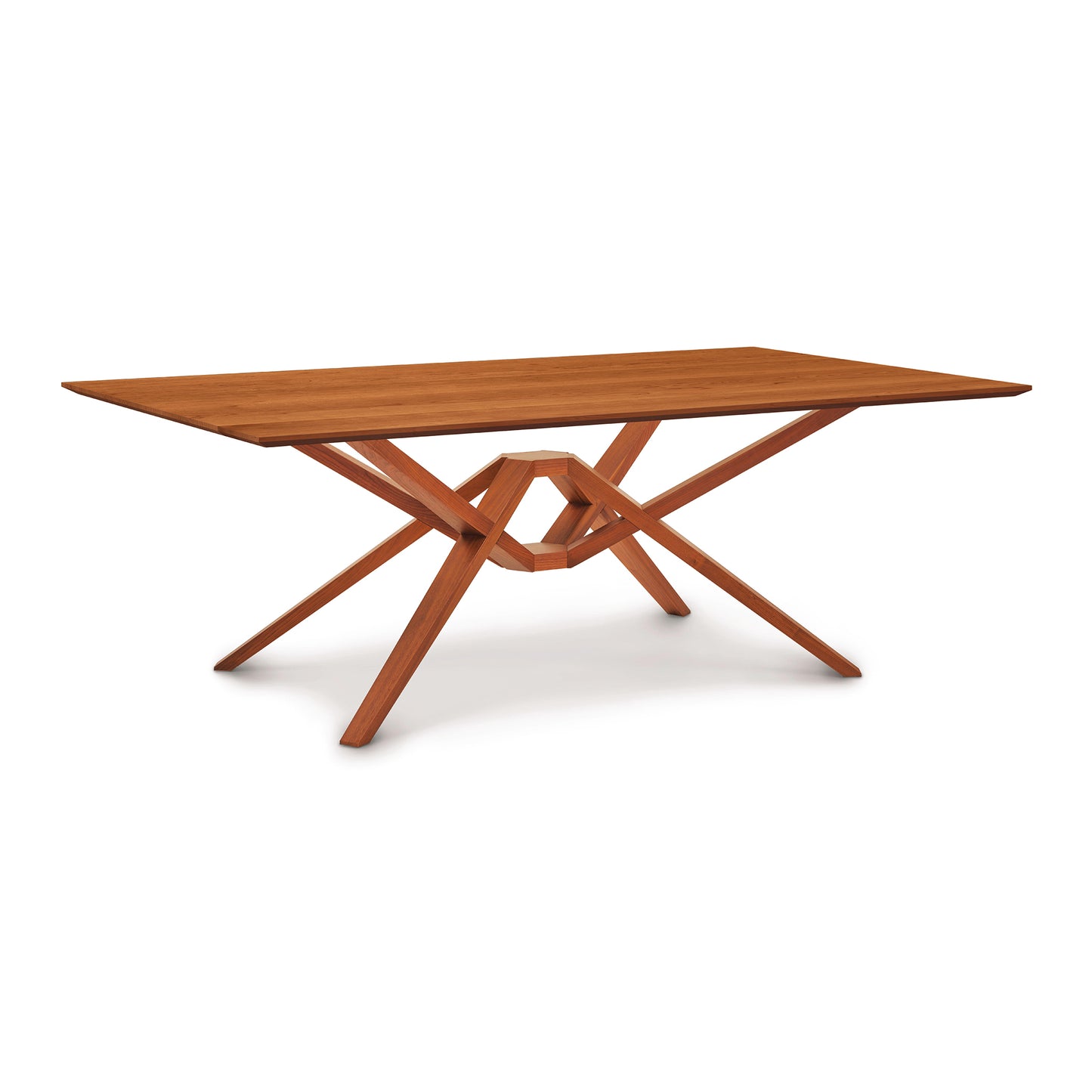 Exeter Solid Top Dining Table by Copeland Furniture with a geometric wood base and smooth tabletop, highlighting modern craftsmanship.