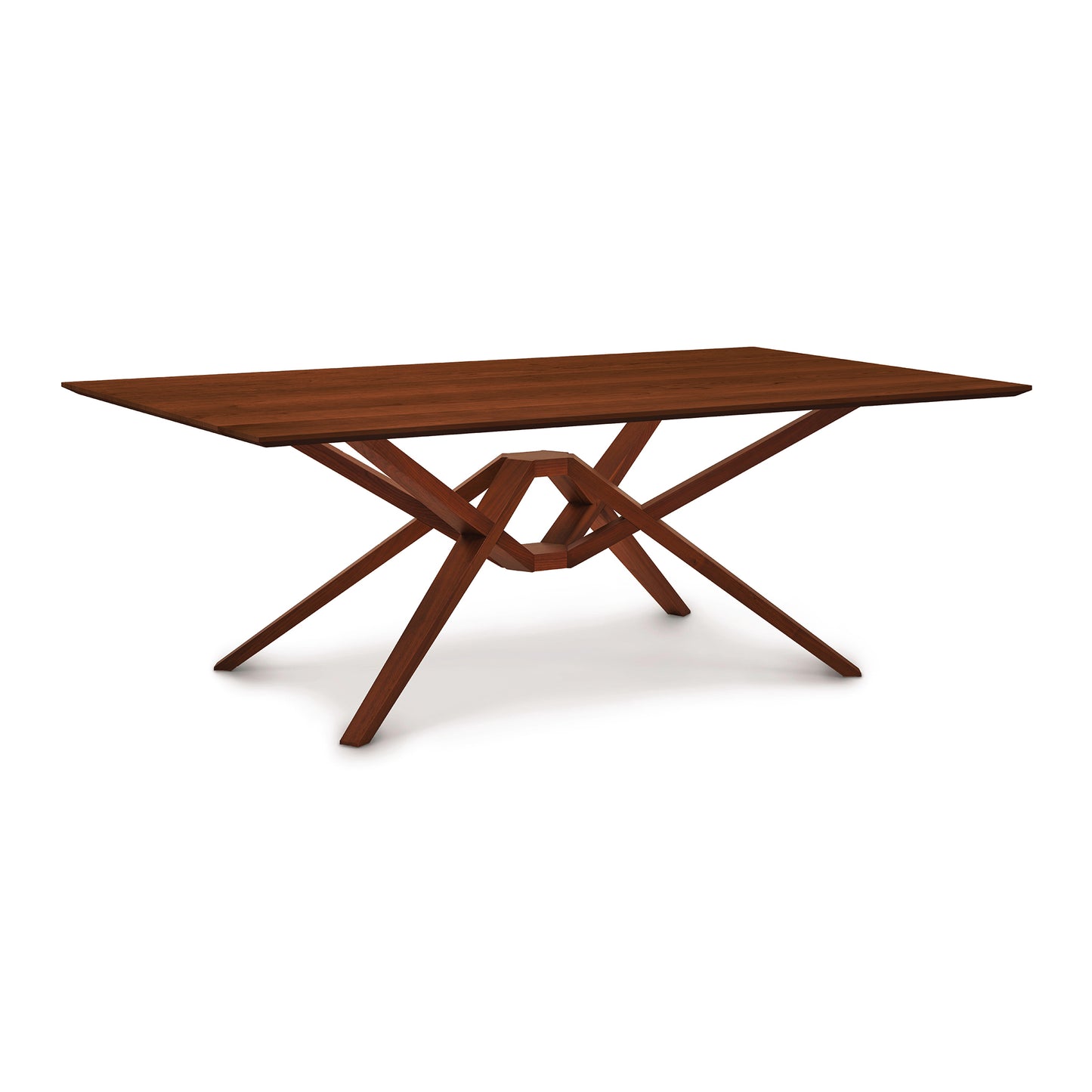 Exeter Solid Top Dining Table by Copeland Furniture with a rectangular hardwood top and striking geometric wooden base, expertly crafted in America.