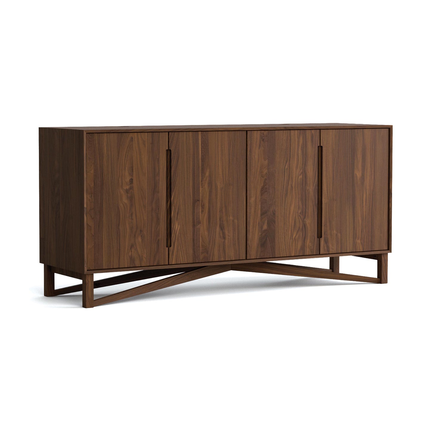 Exeter Media Console by Copeland Furniture with four doors, sleek lines, and a cross-braced dark brown hardwood base. American made, high quality craftsmanship.