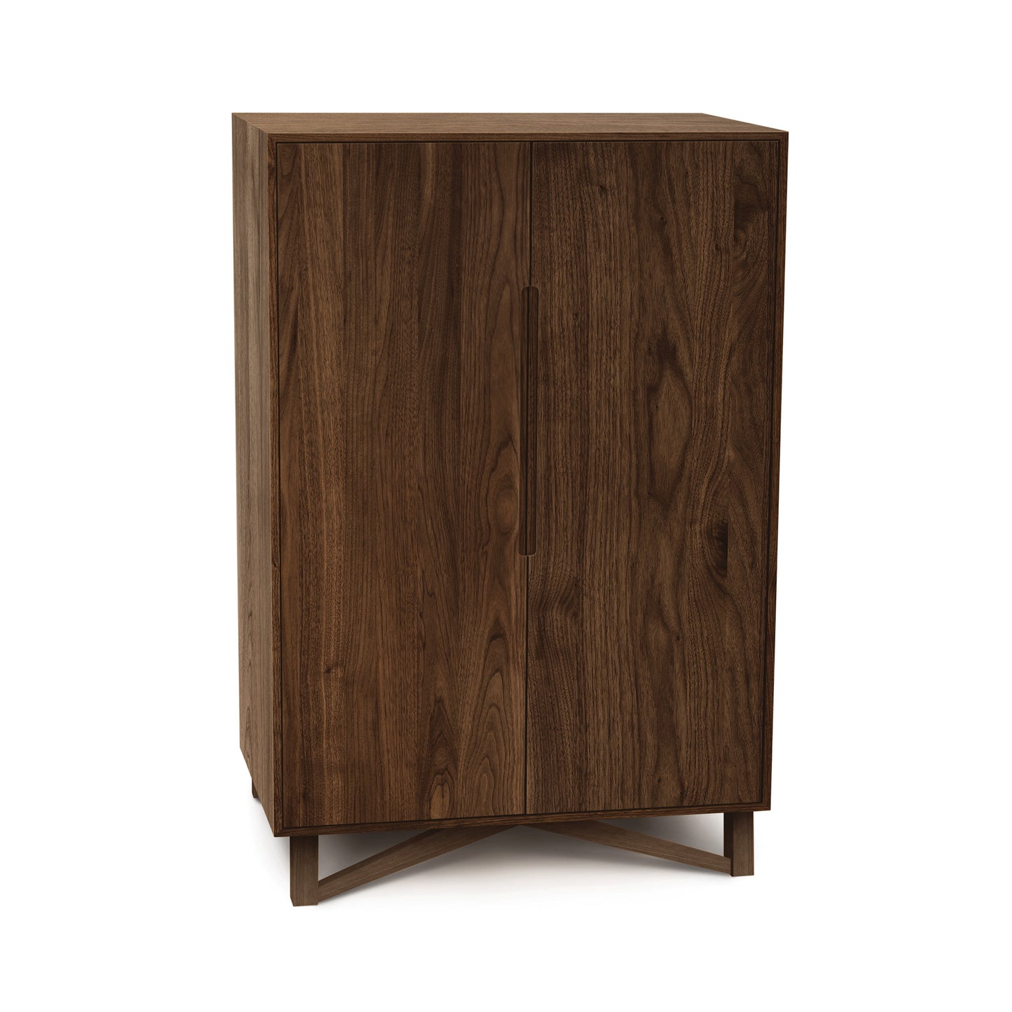 Exeter Bar Cabinet by Copeland Furniture featuring mid-century modern design, angled legs, wood grain finish, and built-in wine storage.