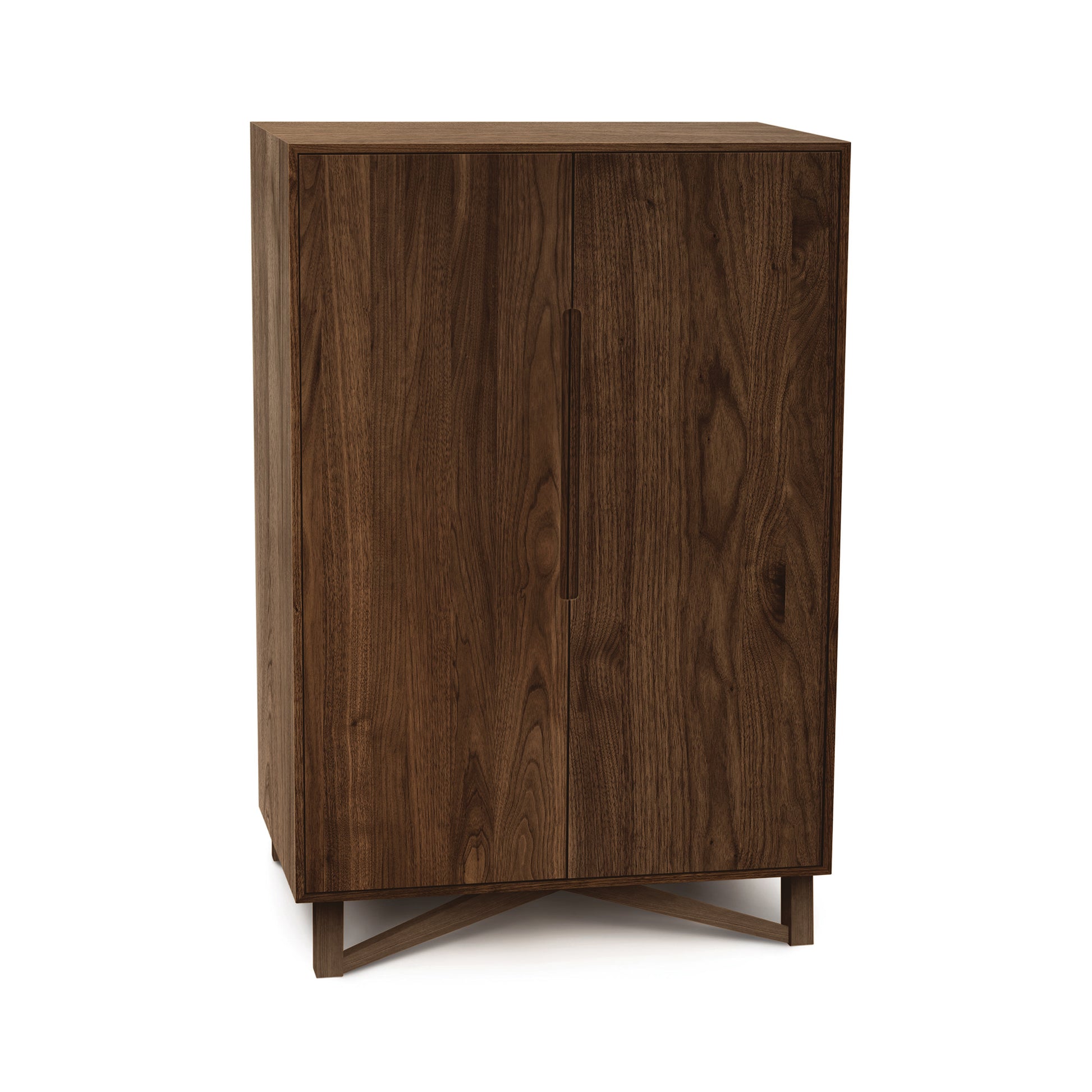 Exeter Bar Cabinet by Copeland Furniture featuring mid-century modern design, angled legs, wood grain finish, and built-in wine storage.
