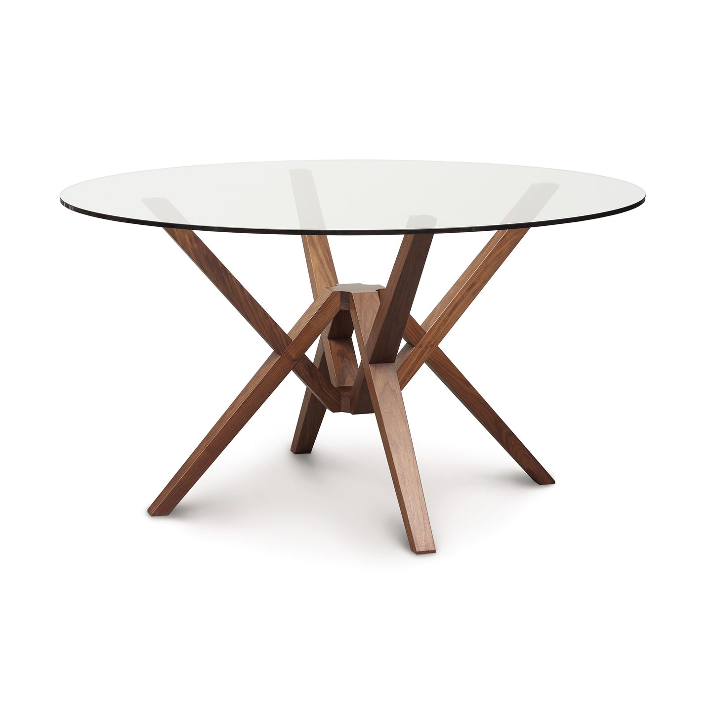 Exeter Round Glass Top Table by Copeland Furniture with a striking geometric hardwood base and modern round glass top.