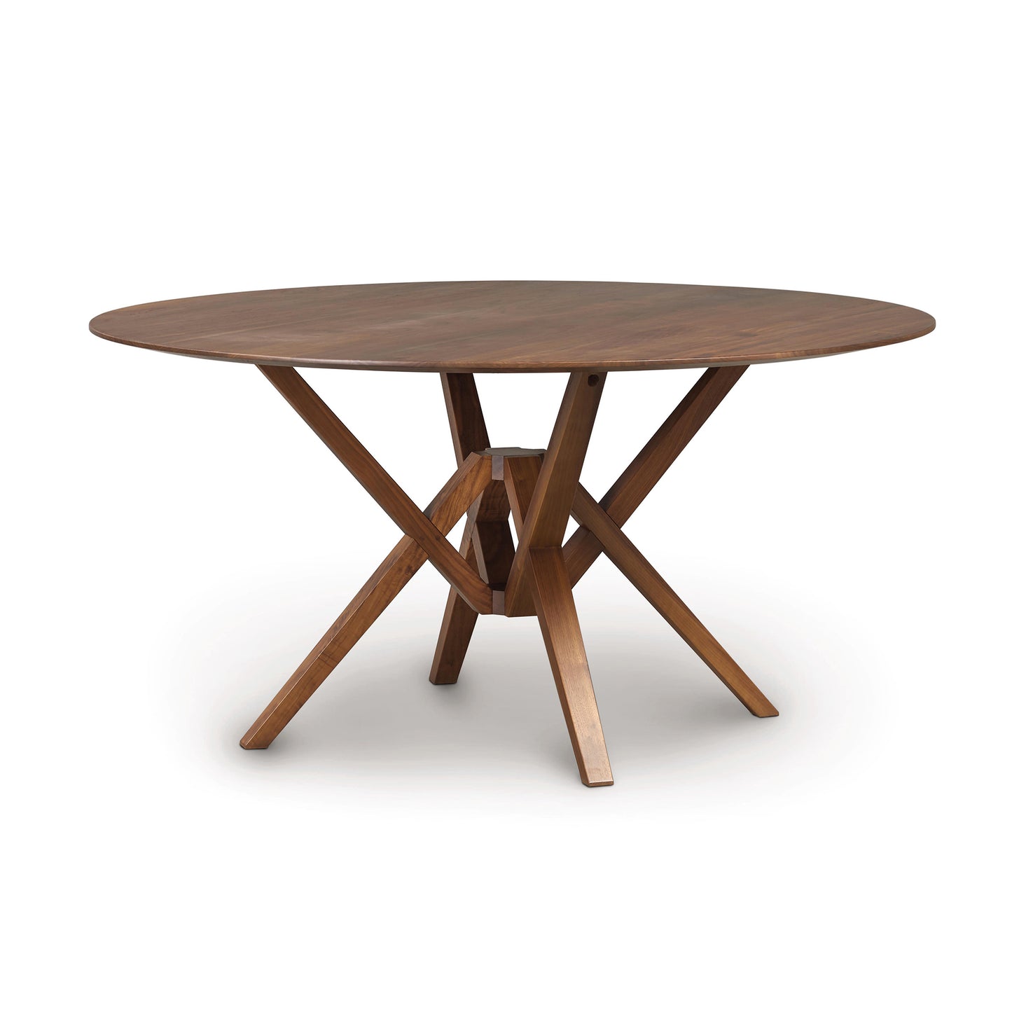 Exeter Round Solid Top Dining Table by Copeland Furniture with smooth hardwood surface and striking geometric base, crafted from sustainable American wood.