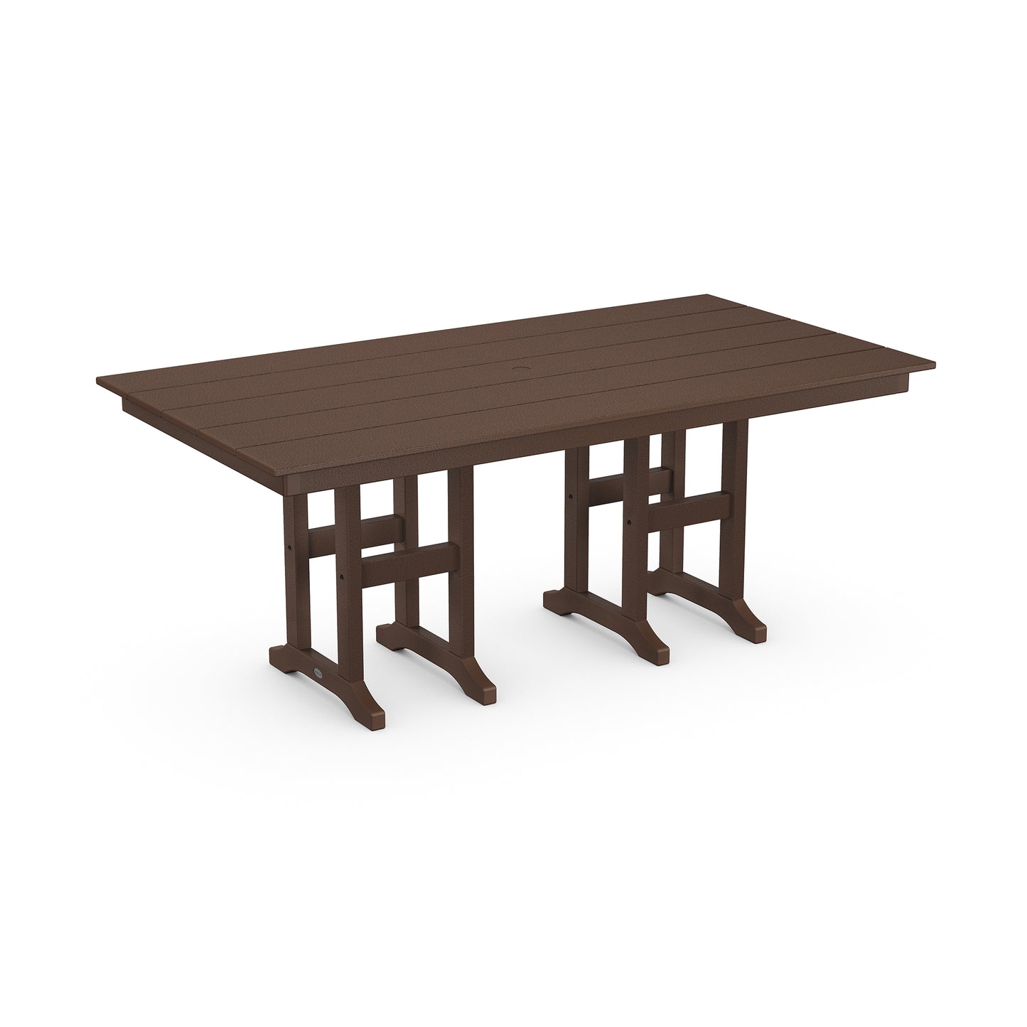 Dark brown POLYWOOD Farmhouse Dining Table, 37"x72", featuring a plank top and trestle base crafted from weather-resistant materials.