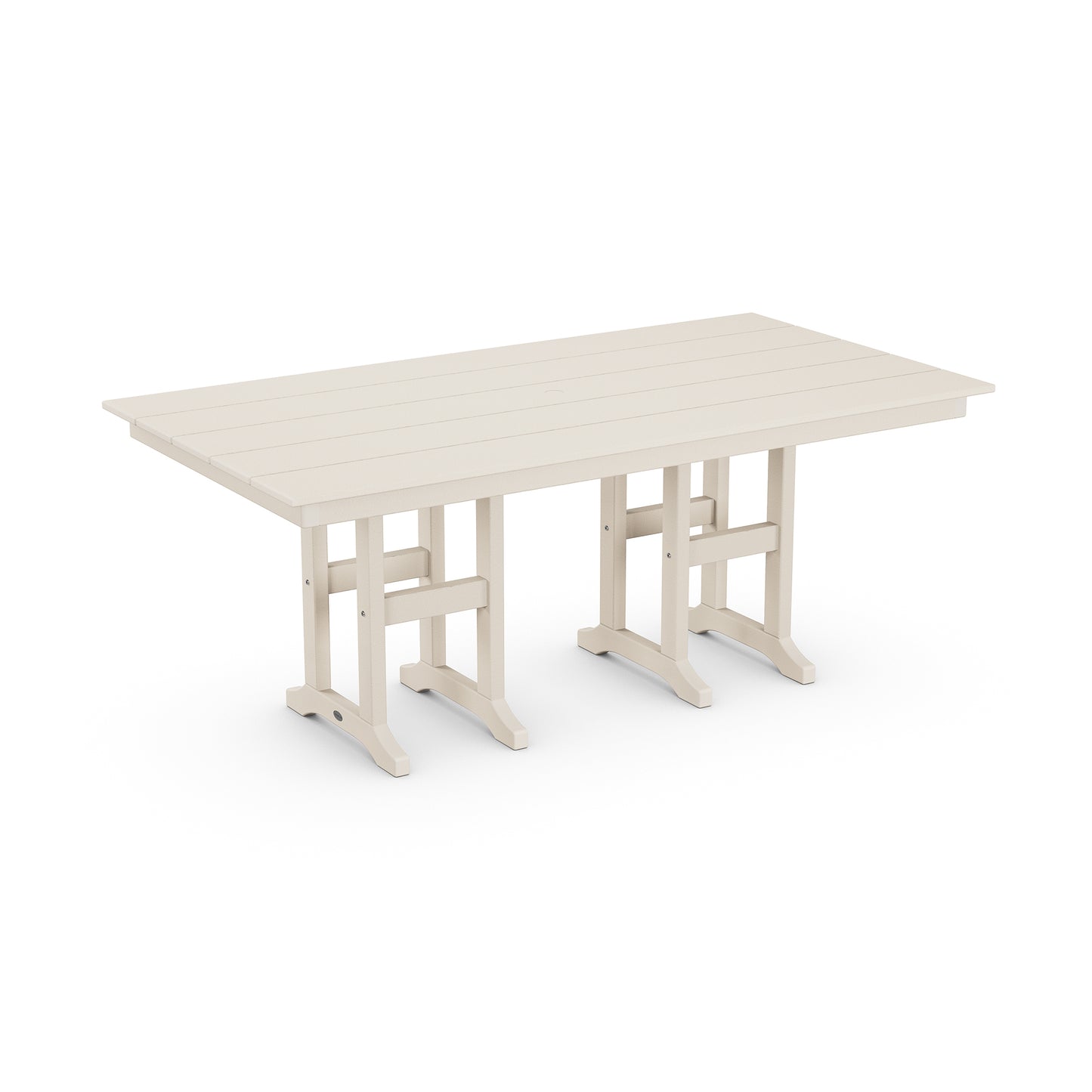 White POLYWOOD Farmhouse dining table with slatted top and trestle legs, crafted from weather-resistant wood.