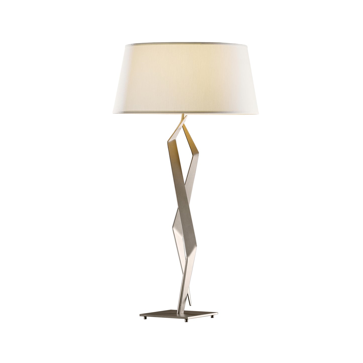 Angular metallic base table lamp with white shade, Hubbardton Forge Facet design.