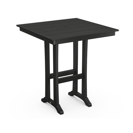 Black POLYWOOD Farmhouse Trestle 37" Bar Table featuring a slatted top and sturdy legs ideal for outdoor dining.