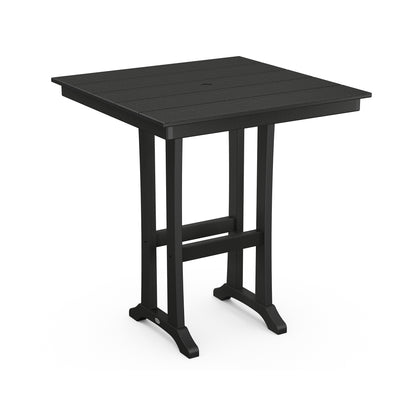 A modern black square POLYWOOD Farmhouse Trestle 37" Bar Table with a textured POLYWOOD lumber surface and thick, sturdy legs, isolated on a white background.