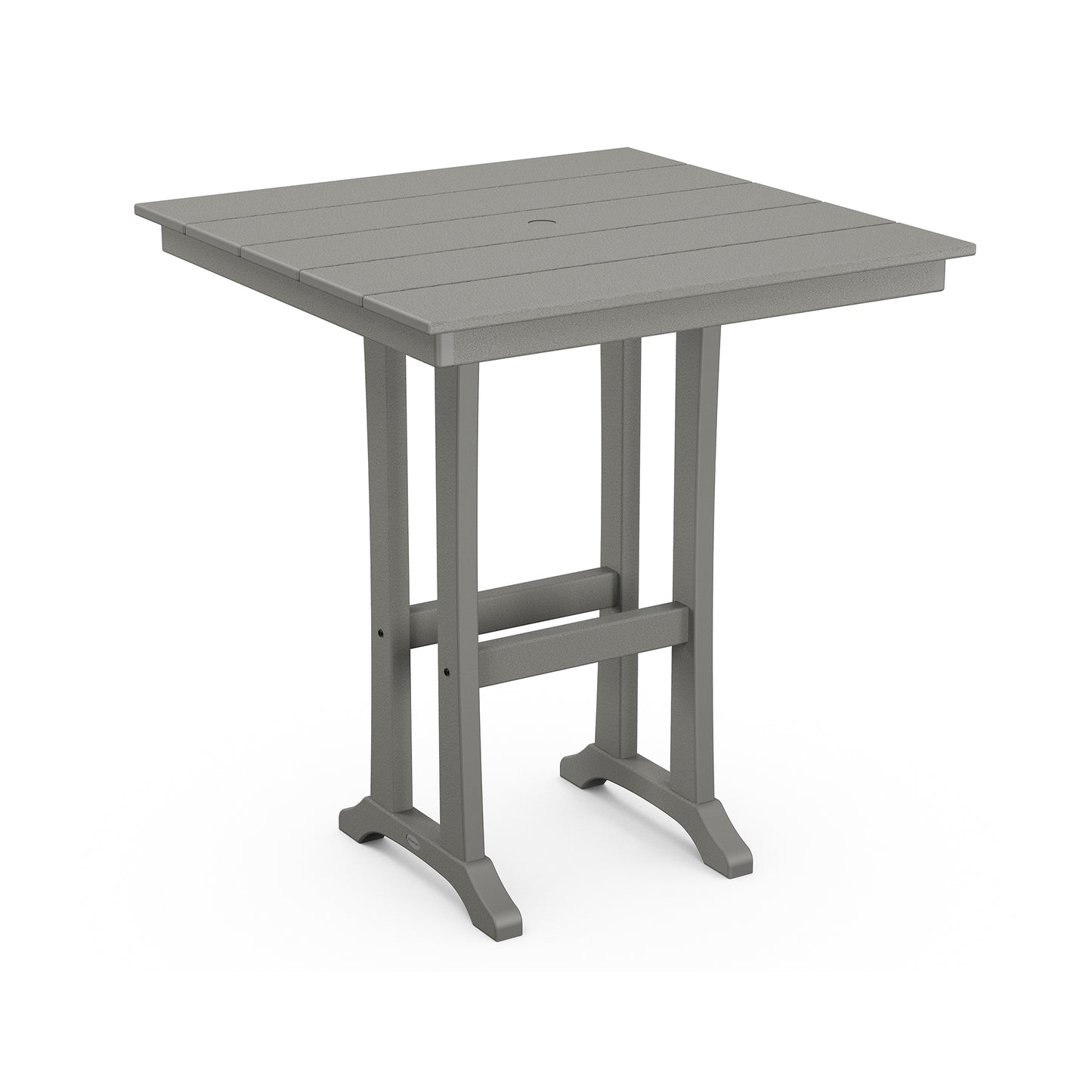 POLYWOOD Farmhouse Trestle 37" Bar Table in gray with a slatted top and central hole, supported by sturdy legs and a crossbar base.