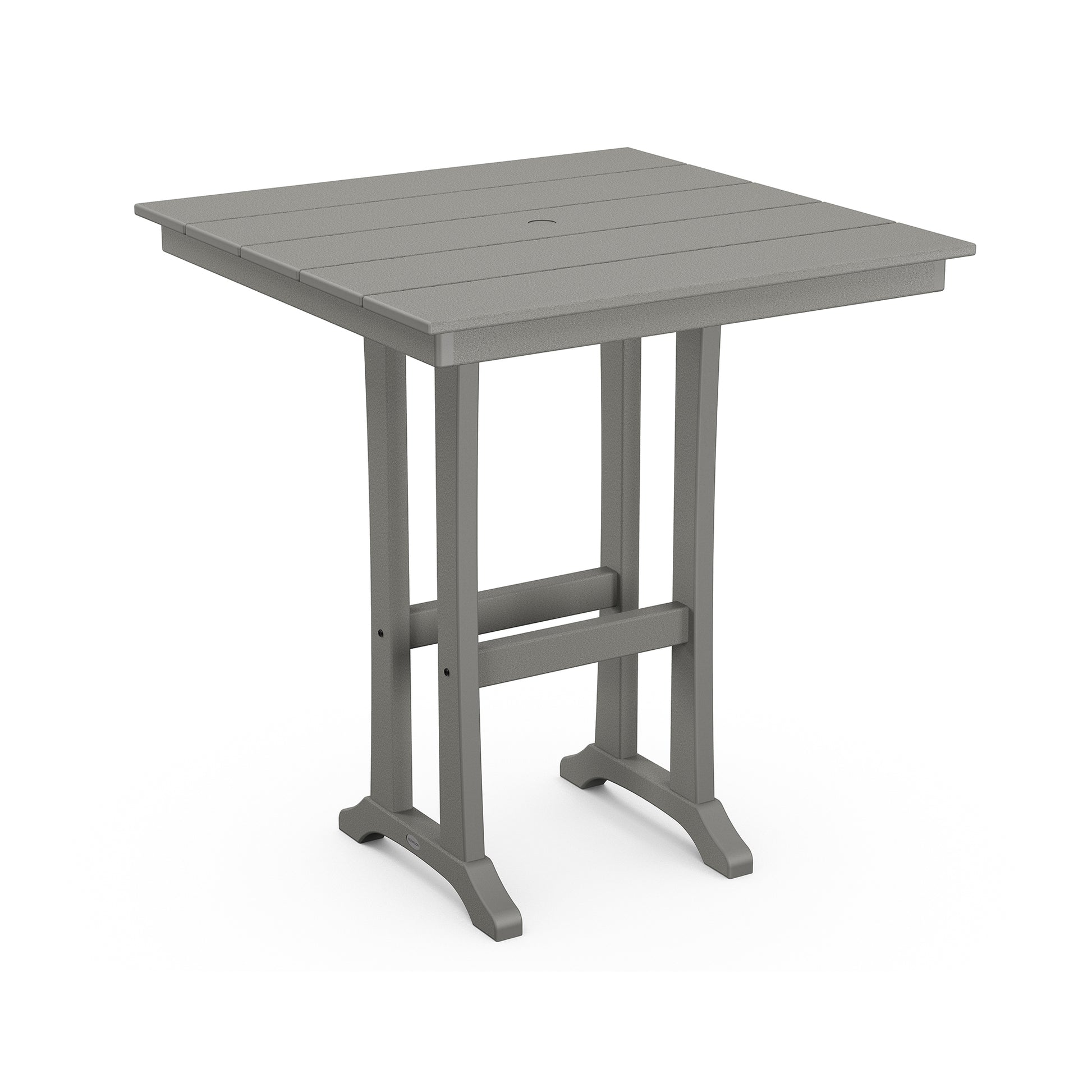 A 3D-rendered image of a simple, modern, gray square POLYWOOD Farmhouse Trestle 37" Bar Table with sturdy legs and a central umbrella hole, crafted from POLYWOOD lumber. The table