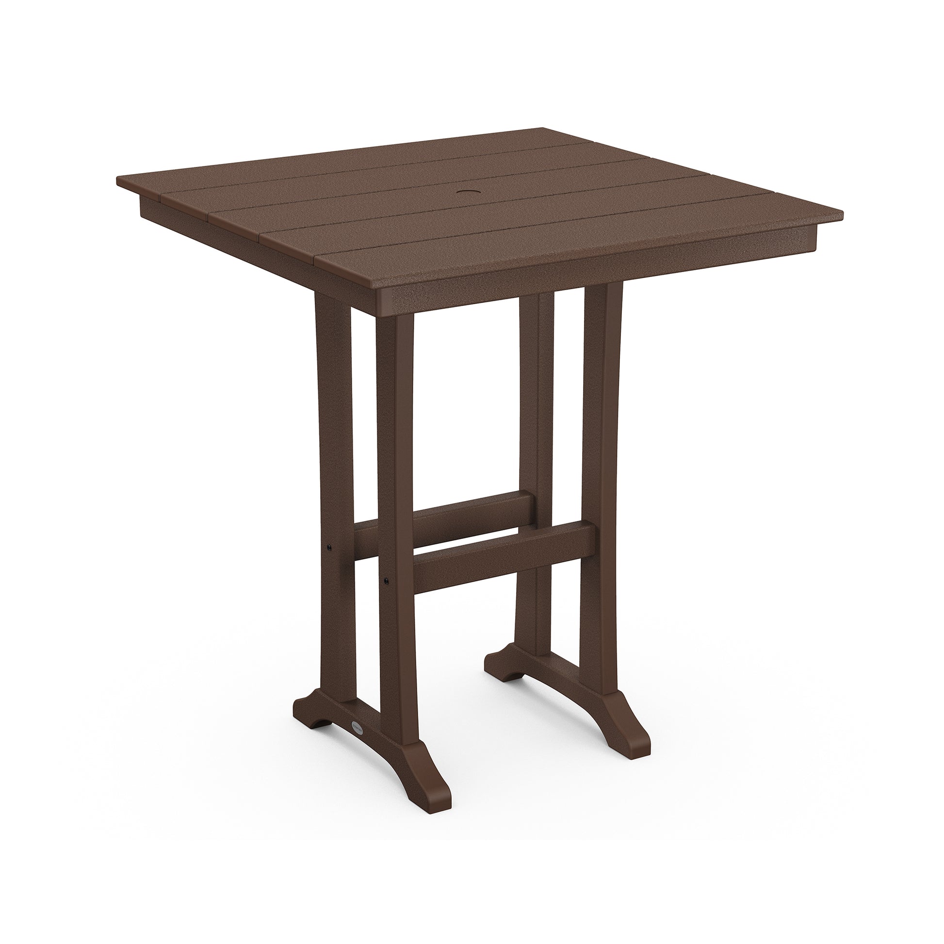 A 3d rendering of a simple square brown "POLYWOOD Farmhouse Trestle 37" Bar Table" with four legs and a slatted top, set against a white background.