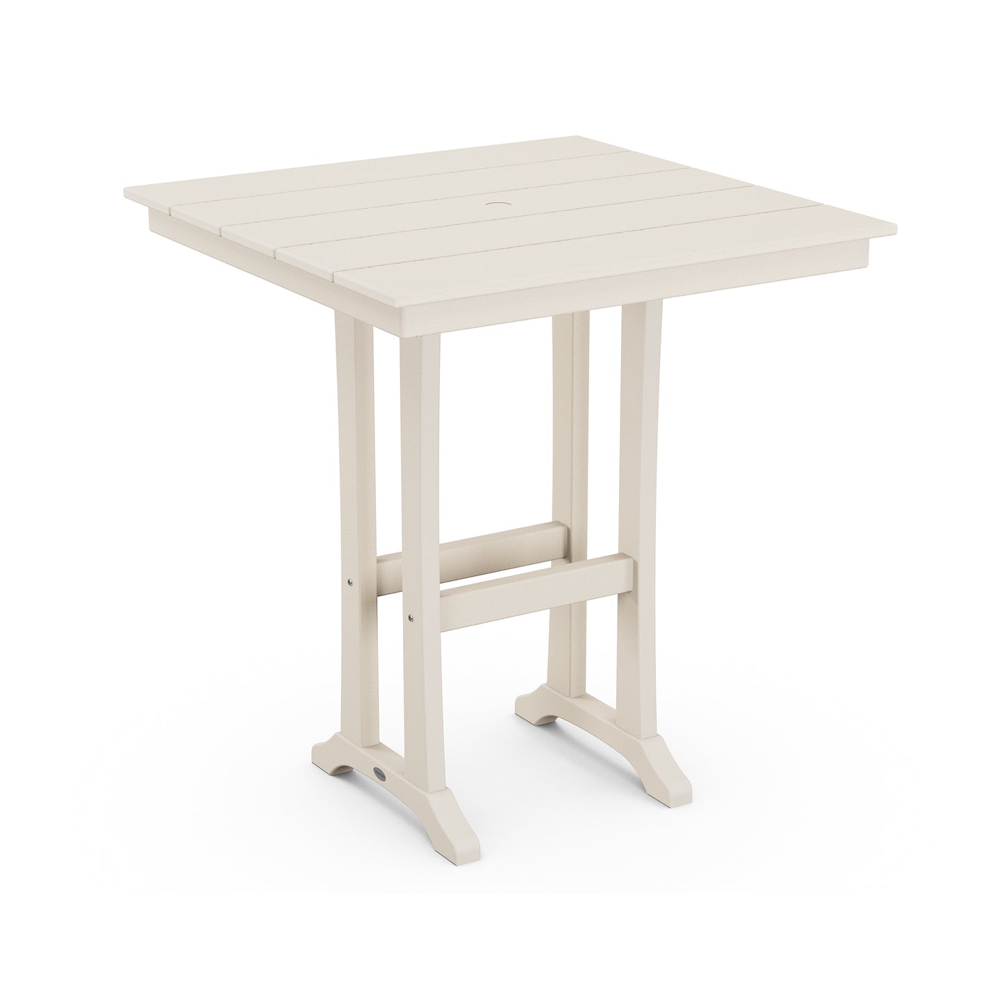 Square beige POLYWOOD Farmhouse Trestle 37" Bar Table with a slatted top, perfect for dining outdoors.
