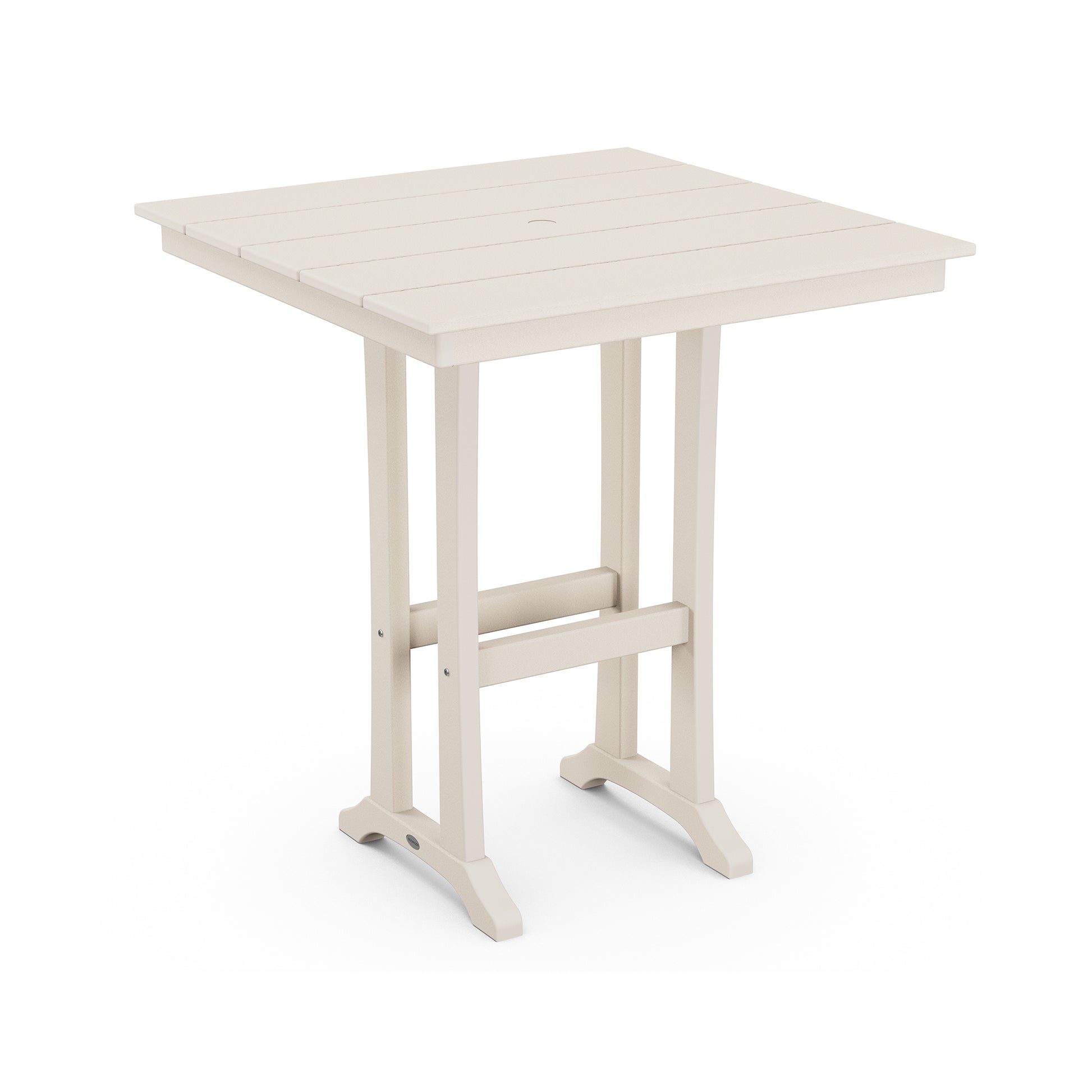 A simple square white POLYWOOD Farmhouse Trestle 37" Bar Table crafted from POLYWOOD lumber, with flat surfaces and a center hole, supported by a sturdy, two-legged frame connected by cross bars. The floor remains visible, suggesting a.