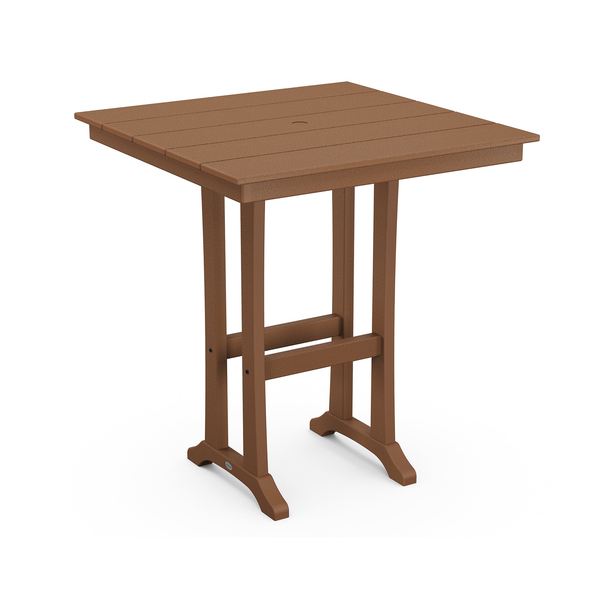 A 3D rendering of a simple brown POLYWOOD Farmhouse Trestle 37" Bar Table with a square top and sturdy legs, isolated on a white background.
