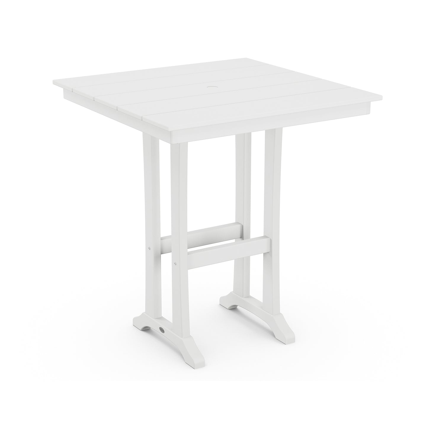 White square slat top POLYWOOD Farmhouse Trestle 37" Bar Table made from durable lumber, ideal for outdoor dining.