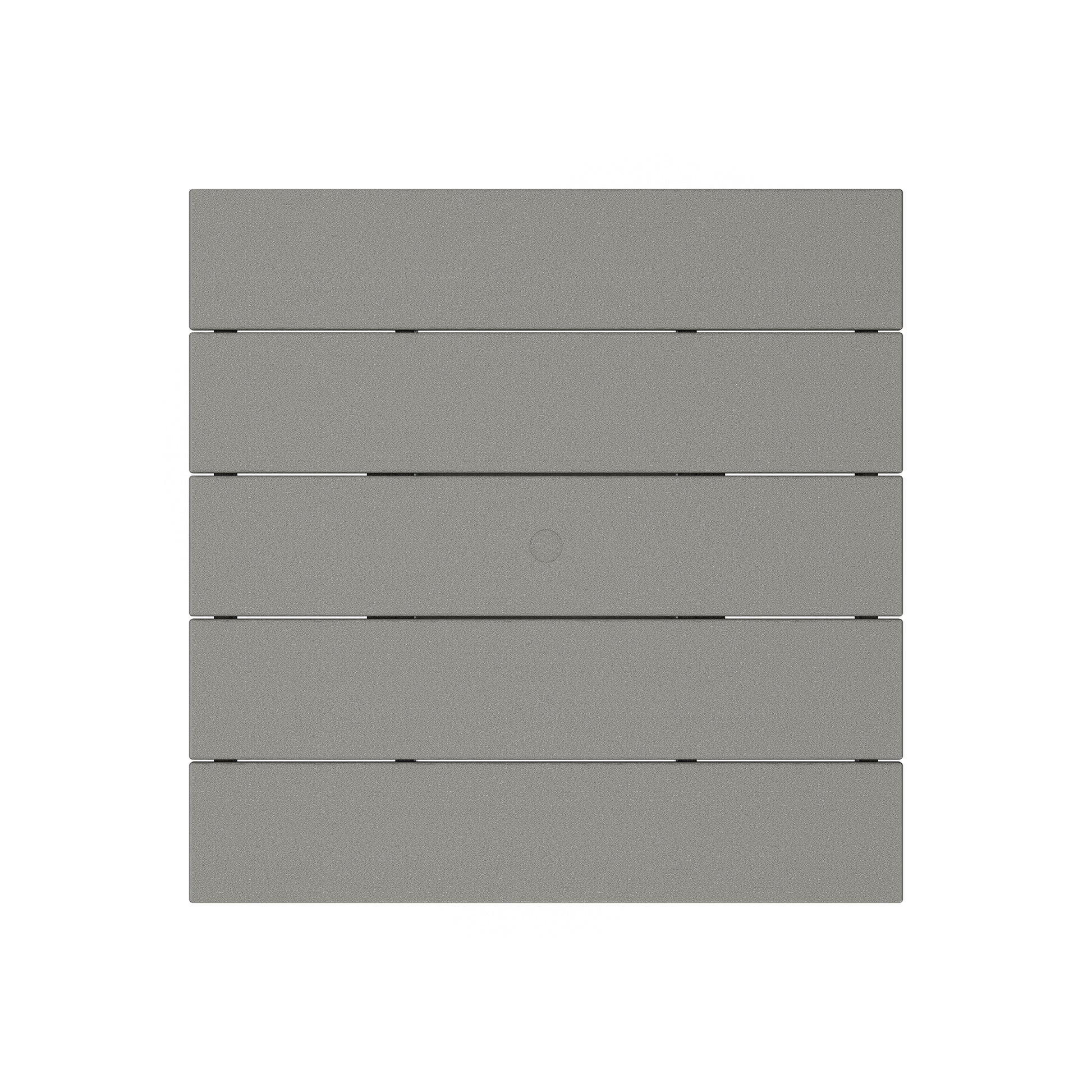 A minimalistic gray square wall panel with six horizontal slats and a circular relief in the center, crafted from POLYWOOD lumber. The panel features a smooth texture and a modern design.