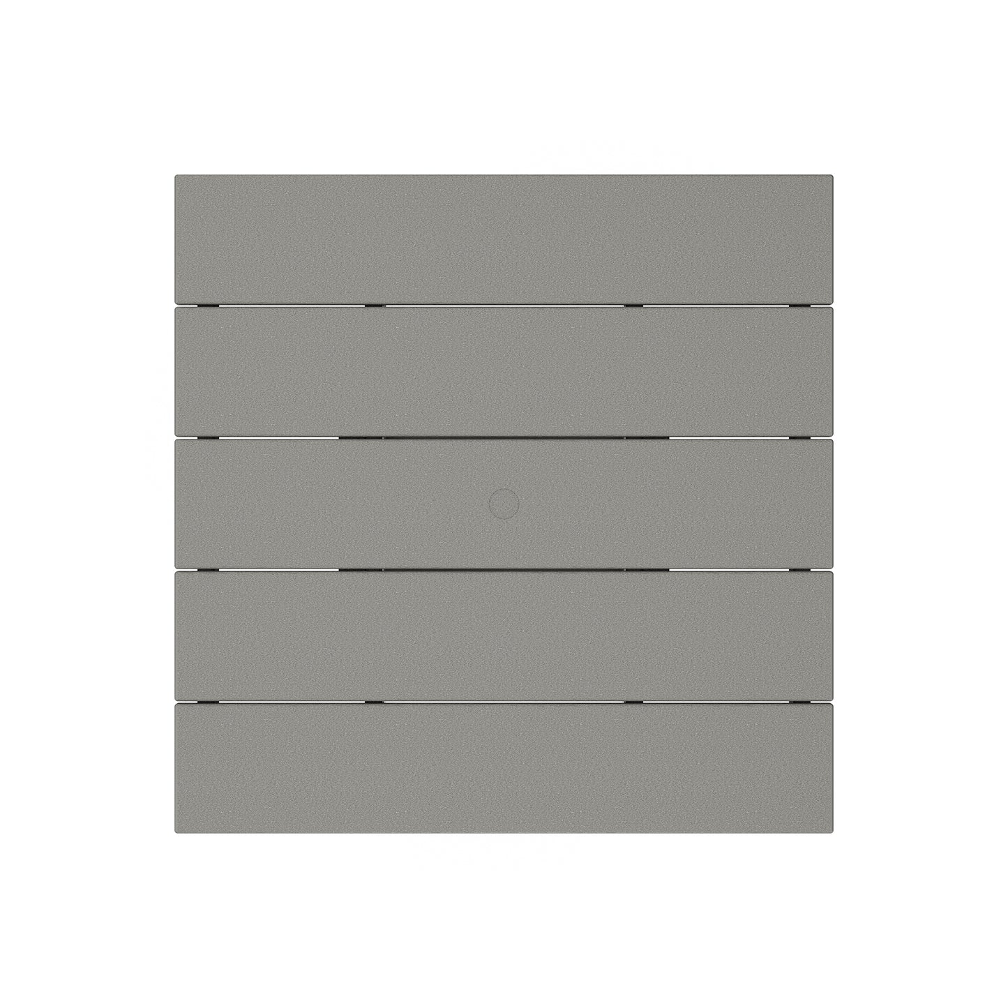 Light gray POLYWOOD Farmhouse Trestle dining table with square design, featuring five slats and a central circle.