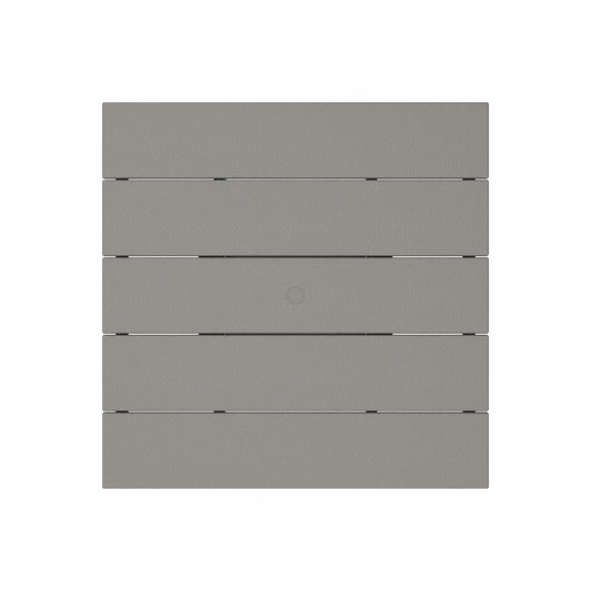 Light gray POLYWOOD Farmhouse Trestle dining table with square design, featuring five slats and a central circle.