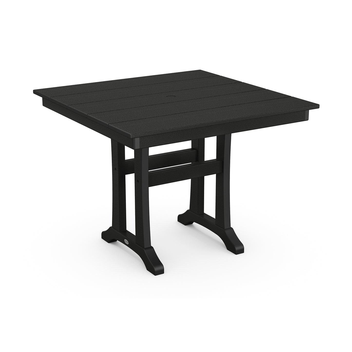Black square POLYWOOD Farmhouse Trestle outdoor table with slatted top.