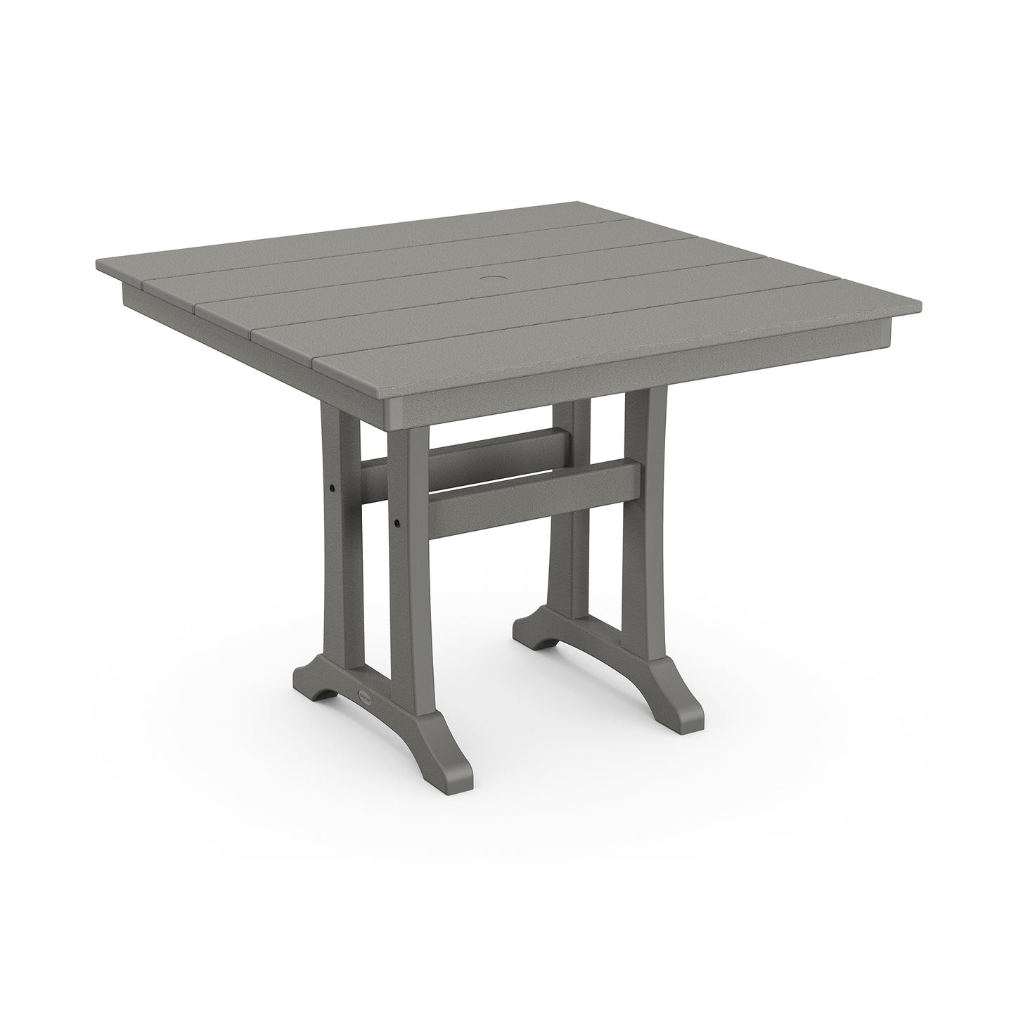 A 3D rendering of a POLYWOOD Farmhouse Trestle 37" Dining Table, featuring a flat top and sturdy, angled legs.