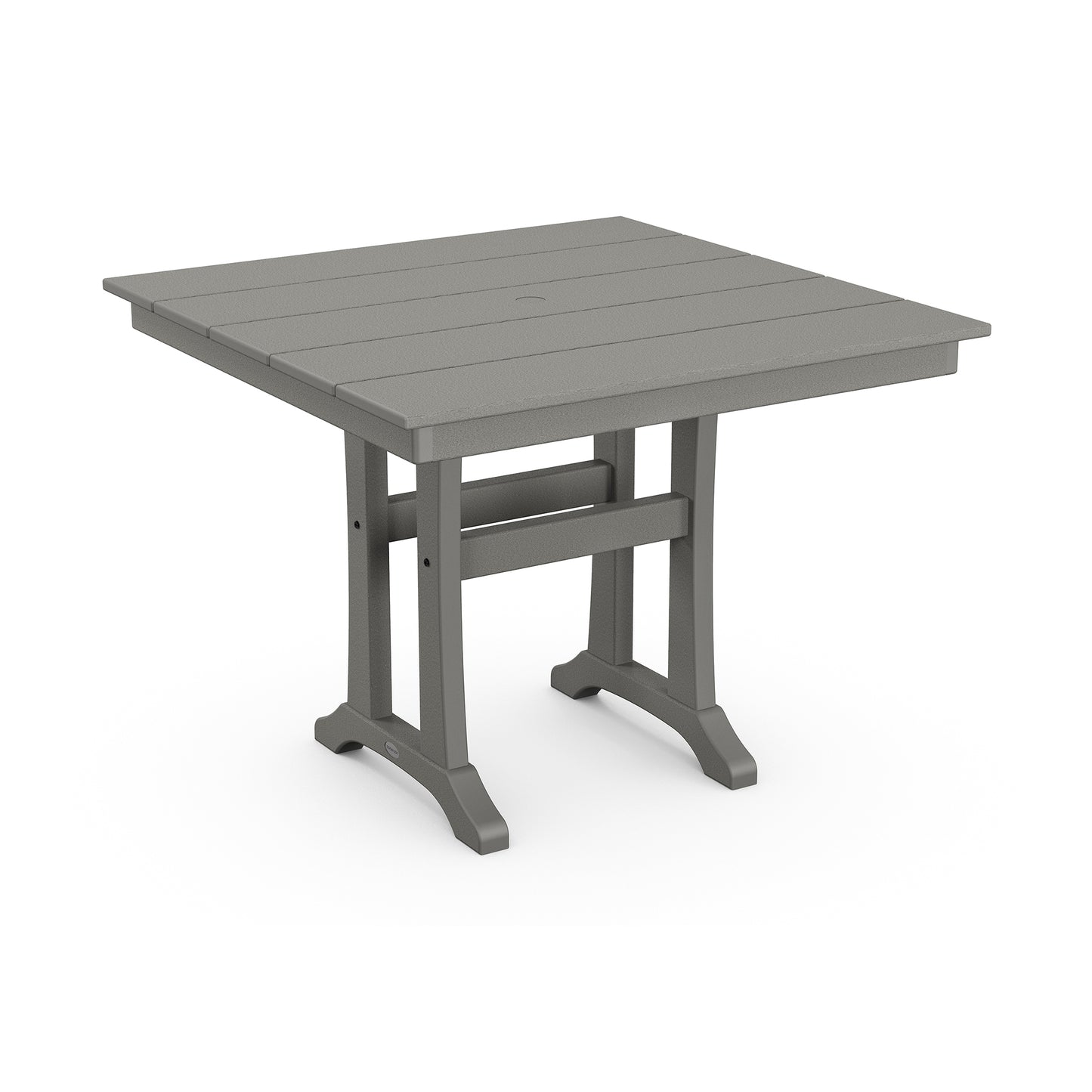 POLYWOOD Farmhouse Trestle 37" Dining Table with slatted gray top and sturdy legs.