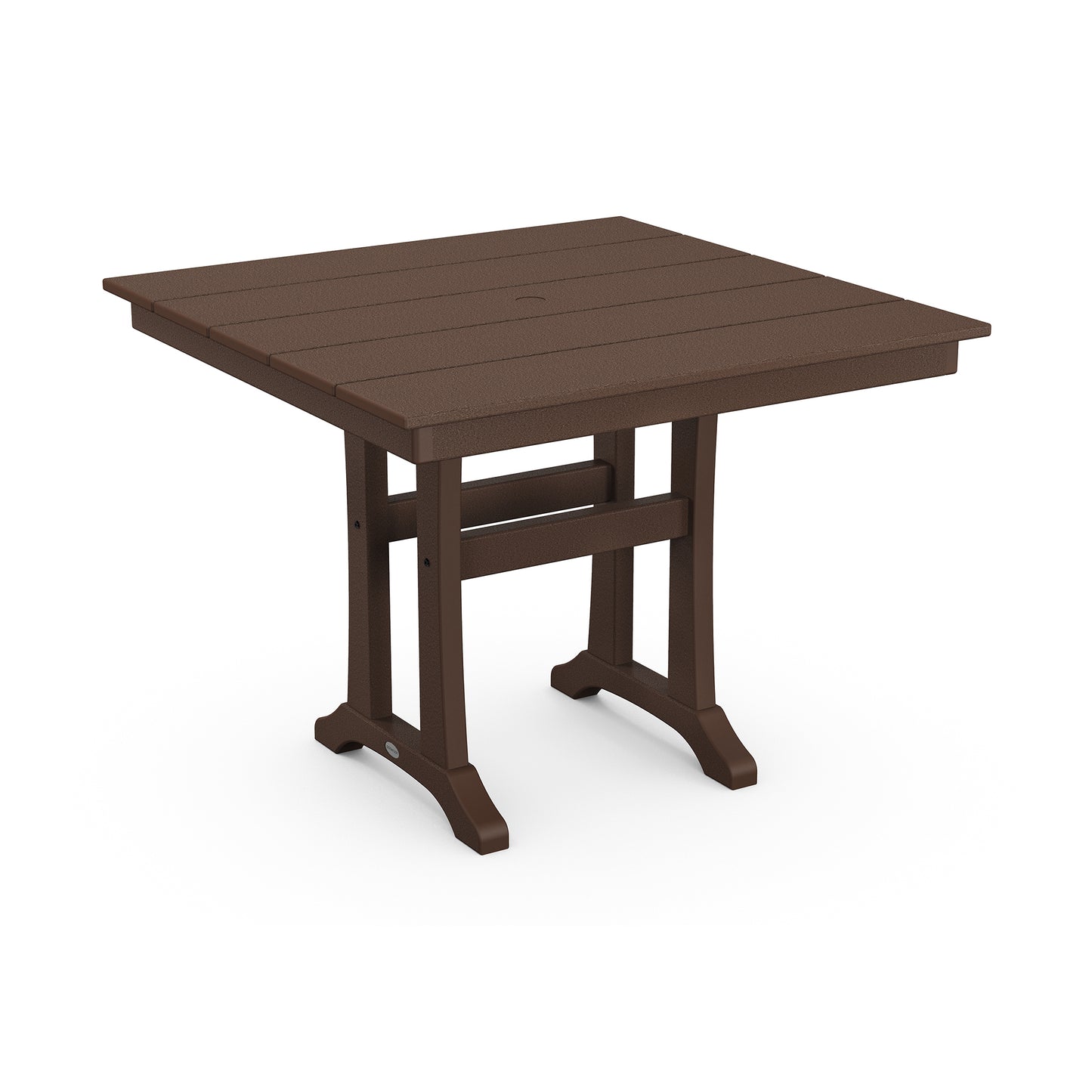 POLYWOOD Farmhouse Trestle 37" brown wooden square table with slat design, four sturdy legs, and an umbrella hole.