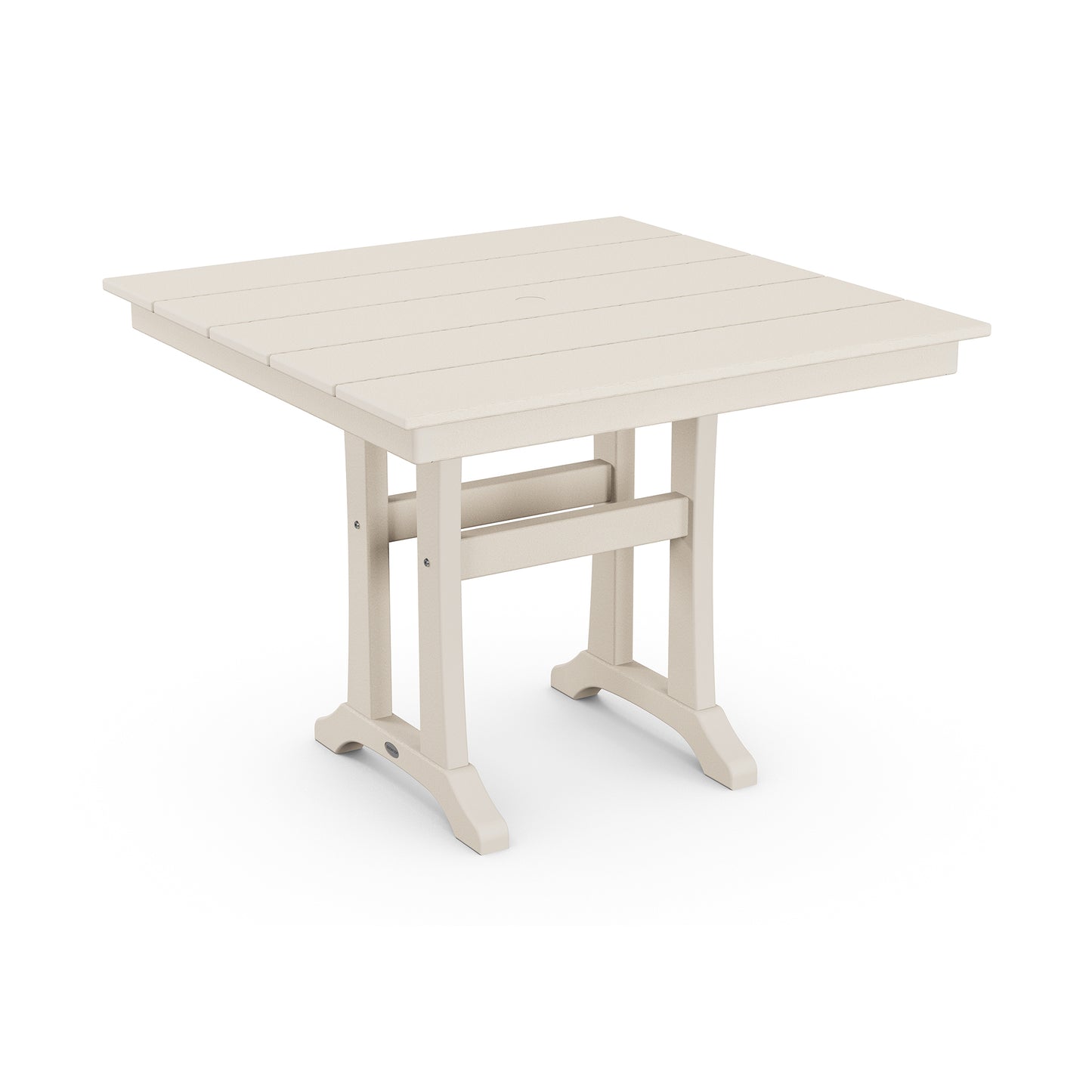 A modern, cream-colored POLYWOOD Farmhouse Trestle 37" Dining Table with a simple, sturdy design, featuring rectangular top, slats, and angled legs. The table also includes a lower shelf for additional storage.