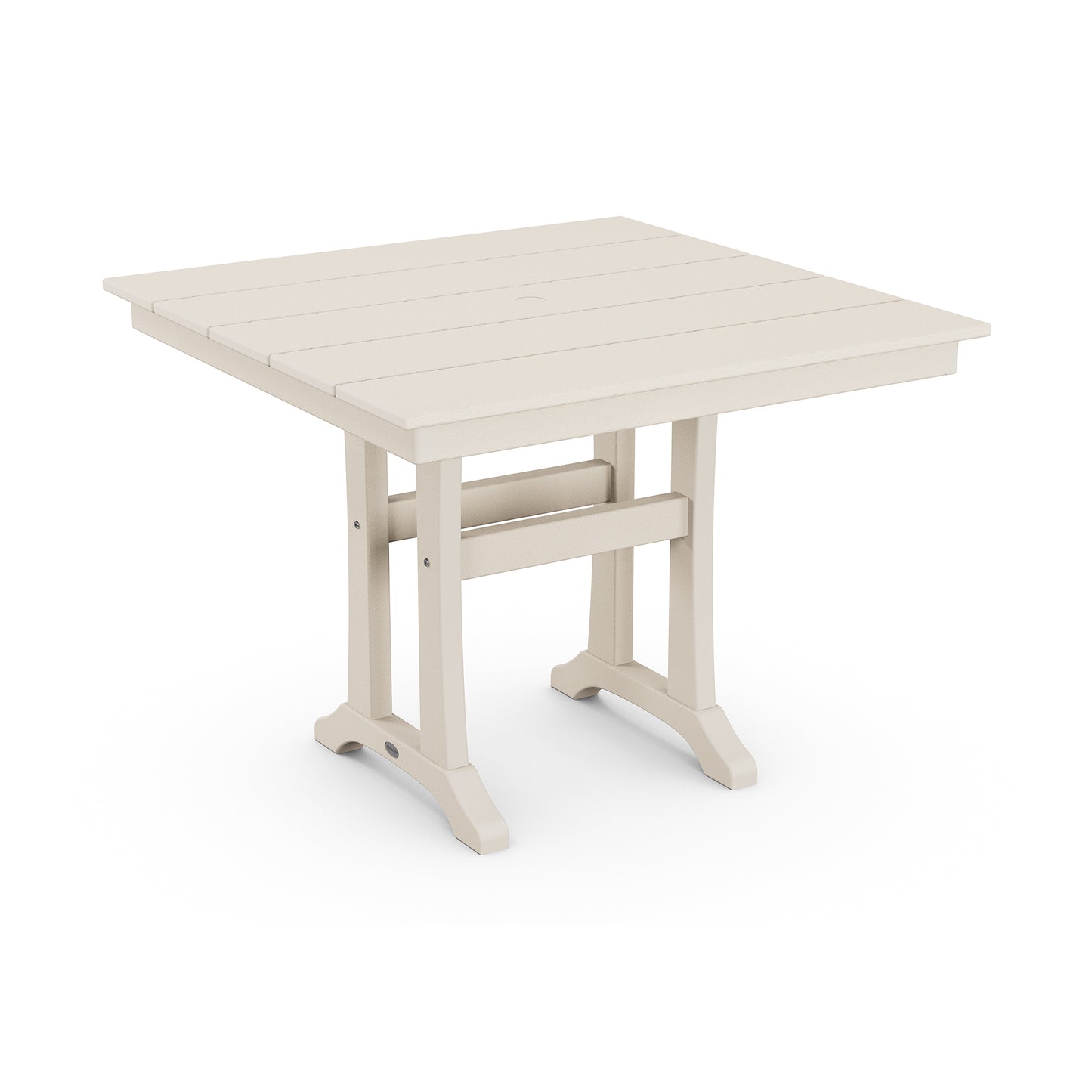 POLYWOOD Farmhouse Trestle 37" Dining Table with a slatted top and sturdy legs made from durable POLYWOOD lumber.