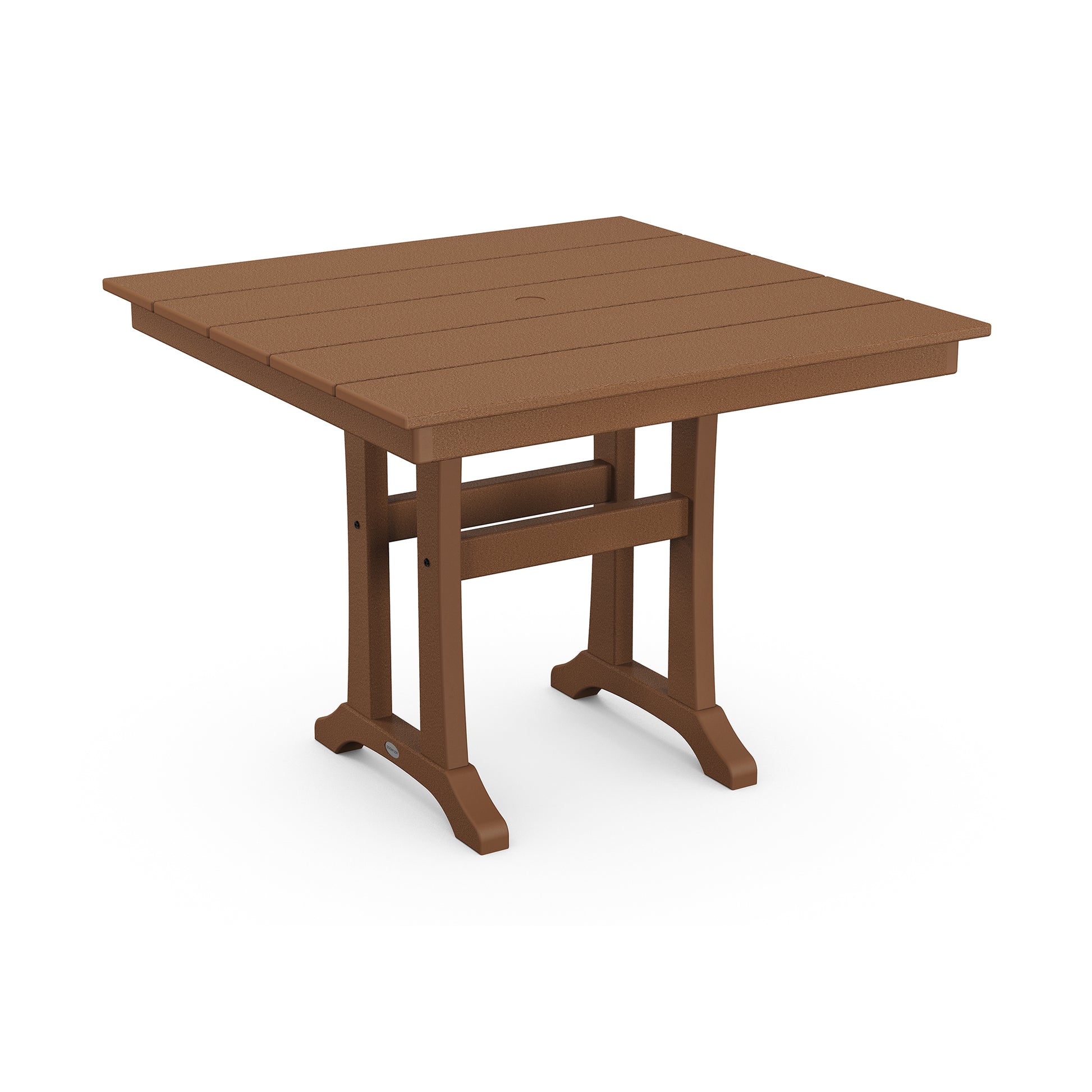 A simple brown POLYWOOD Farmhouse Trestle 37" Dining Table with a rectangular top and sturdy legs, featuring a lower shelf for additional storage, isolated on a white background.