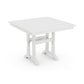 A simple white adjustable height desk on a plain white background, featuring a broad tabletop made from POLYWOOD lumber and sturdy metal legs with a crank handle on the side.