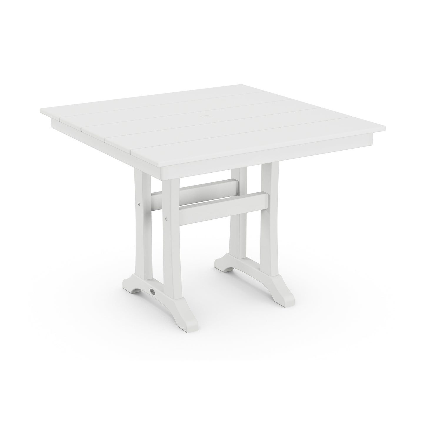 POLYWOOD Farmhouse Trestle 37" Dining Table featuring a slatted top and sturdy legs, perfect for outdoor dining.
