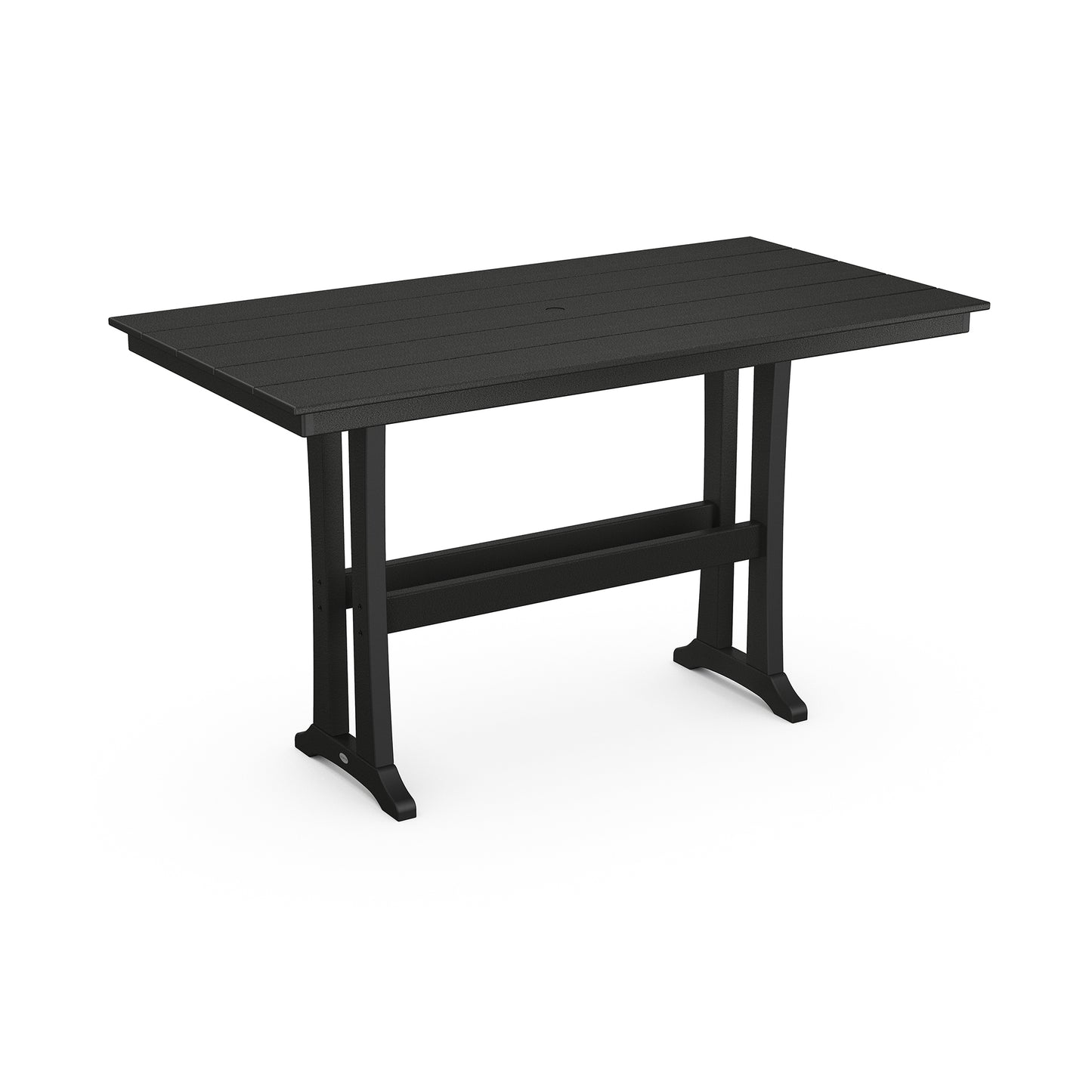 Rectangular black POLYWOOD bar table with sturdy legs and a durable slatted tabletop design.