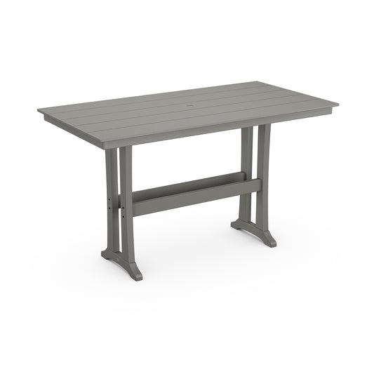 Gray rectangular POLYWOOD Farmhouse Trestle Bar Table with slatted top and sturdy dual-leg base.