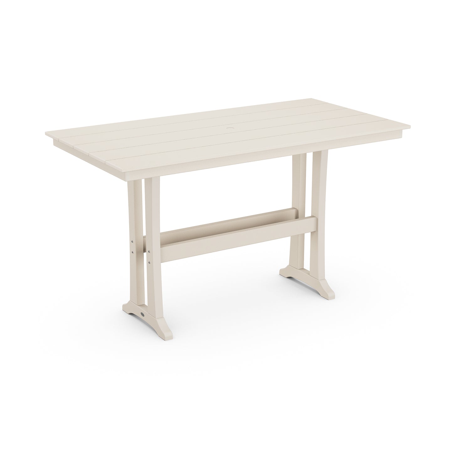 Off-white POLYWOOD Farmhouse Trestle Bar Table with rectangular slatted top and robust angled legs, measuring 37" x 72".
