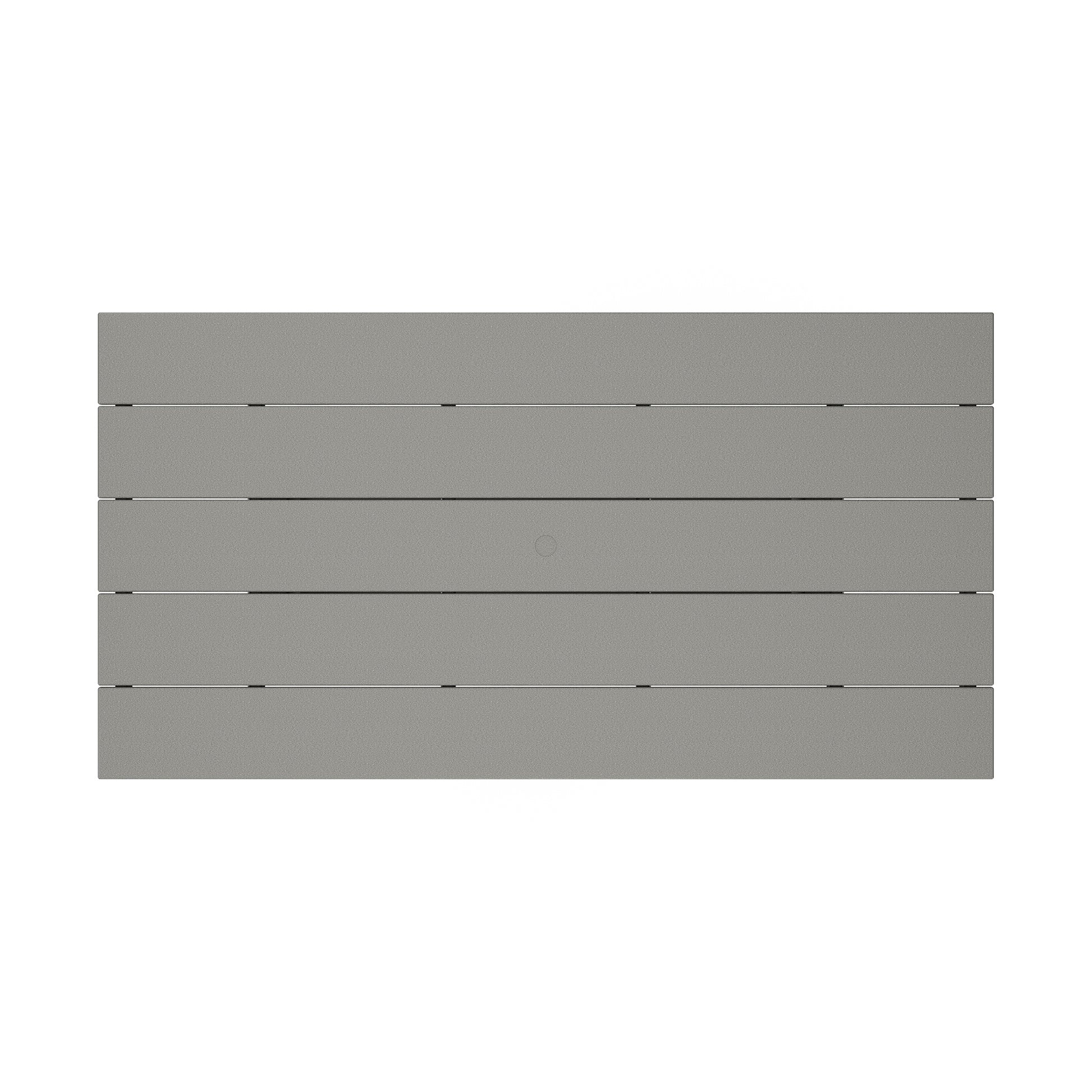 A gray horizontal panel with six uniformly spaced POLYWOOD Farmhouse Trestle 37" x 72" planks connected by rivets and a central circular outlet.